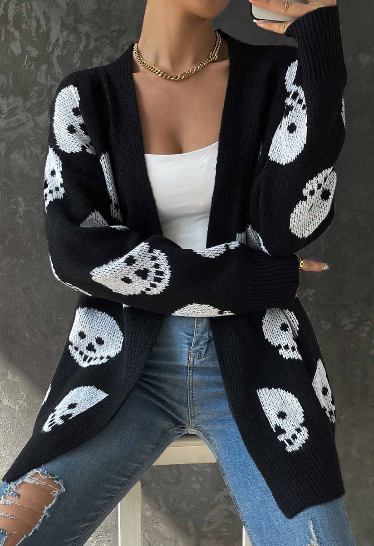 Halloween Skull Jacquard Longline Knit Cardigan