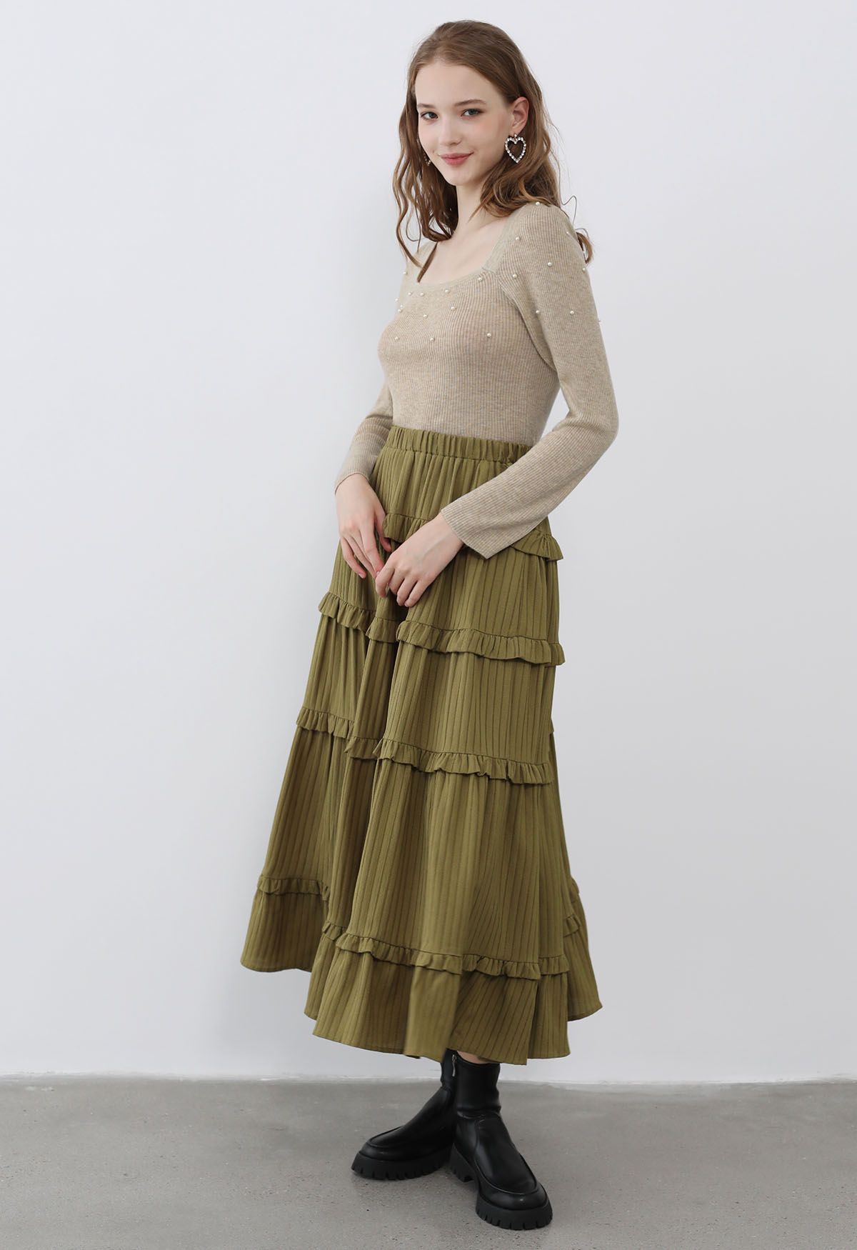 Ruffle Tiered Stripe Texture Maxi Skirt in Olive