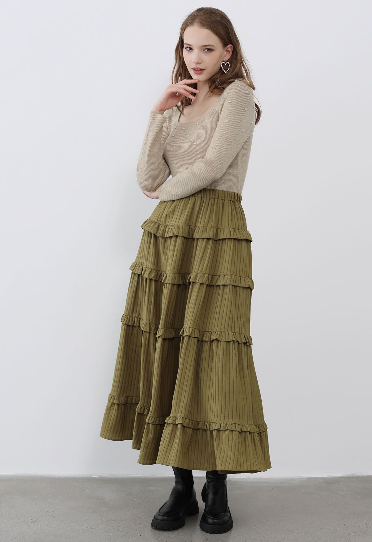 Ruffle Tiered Stripe Texture Maxi Skirt in Olive