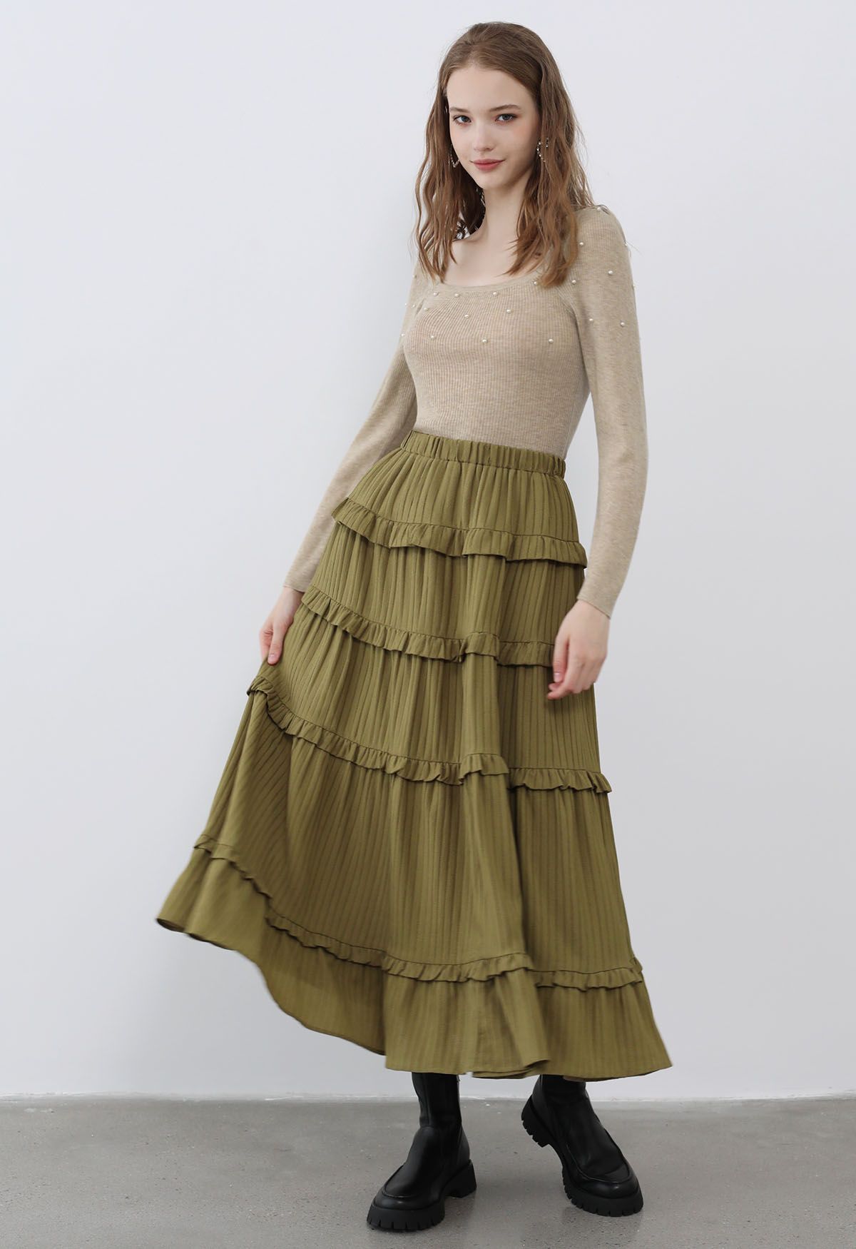 Ruffle Tiered Stripe Texture Maxi Skirt in Olive