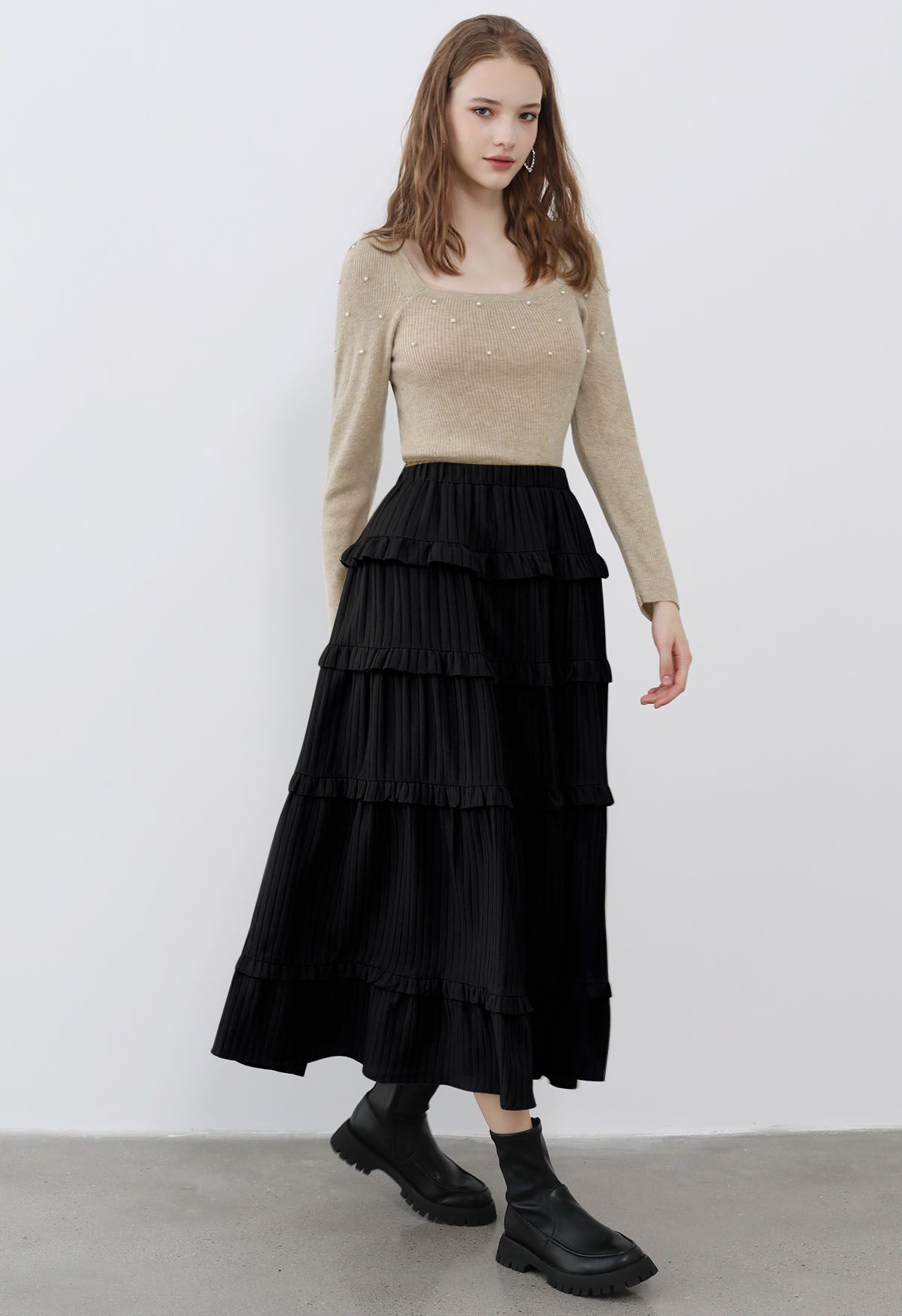 Ruffle Tiered Stripe Texture Maxi Skirt in Black