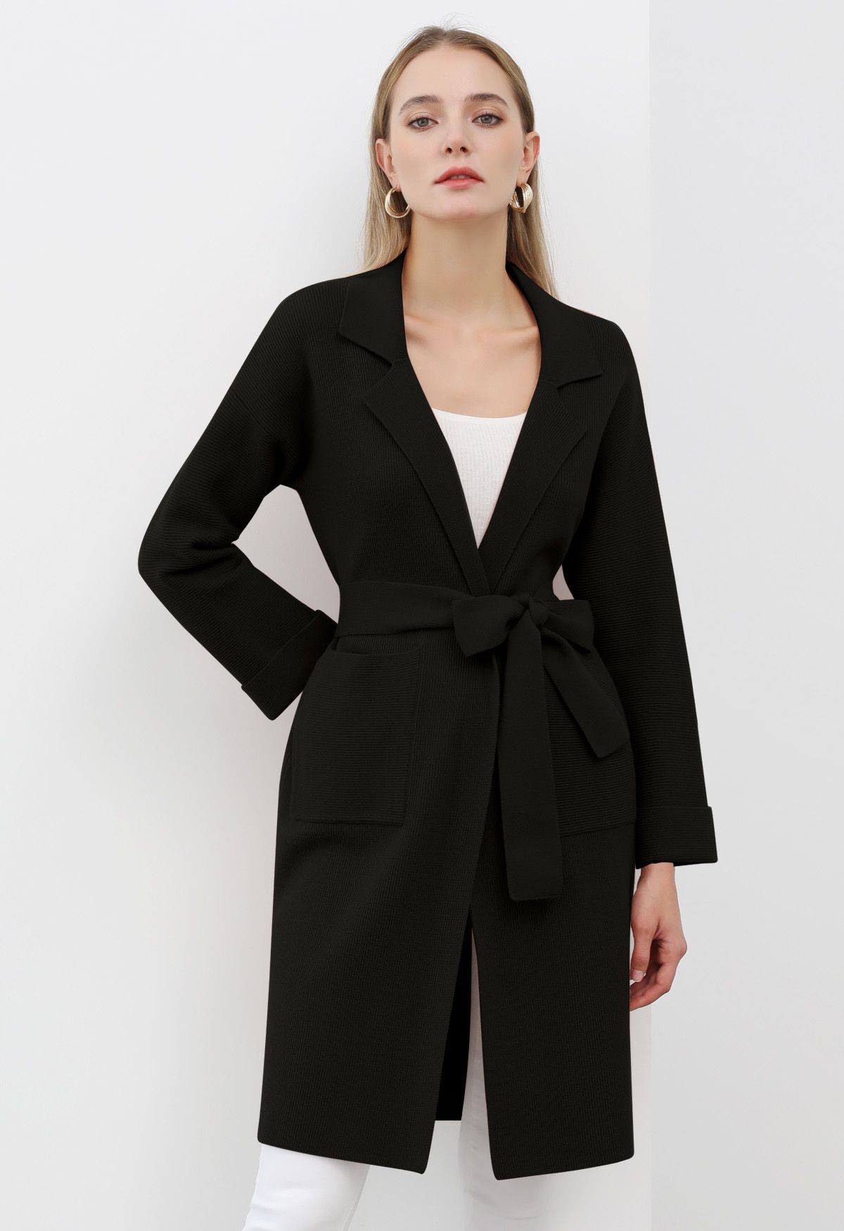 Notch Lapel Belted Longline Knit Cardigan in Black