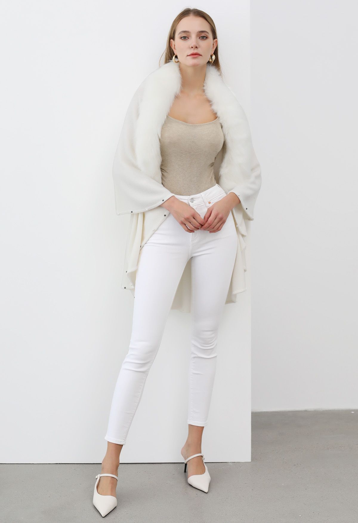 Faux Fur Beads Trim Poncho in Ivory