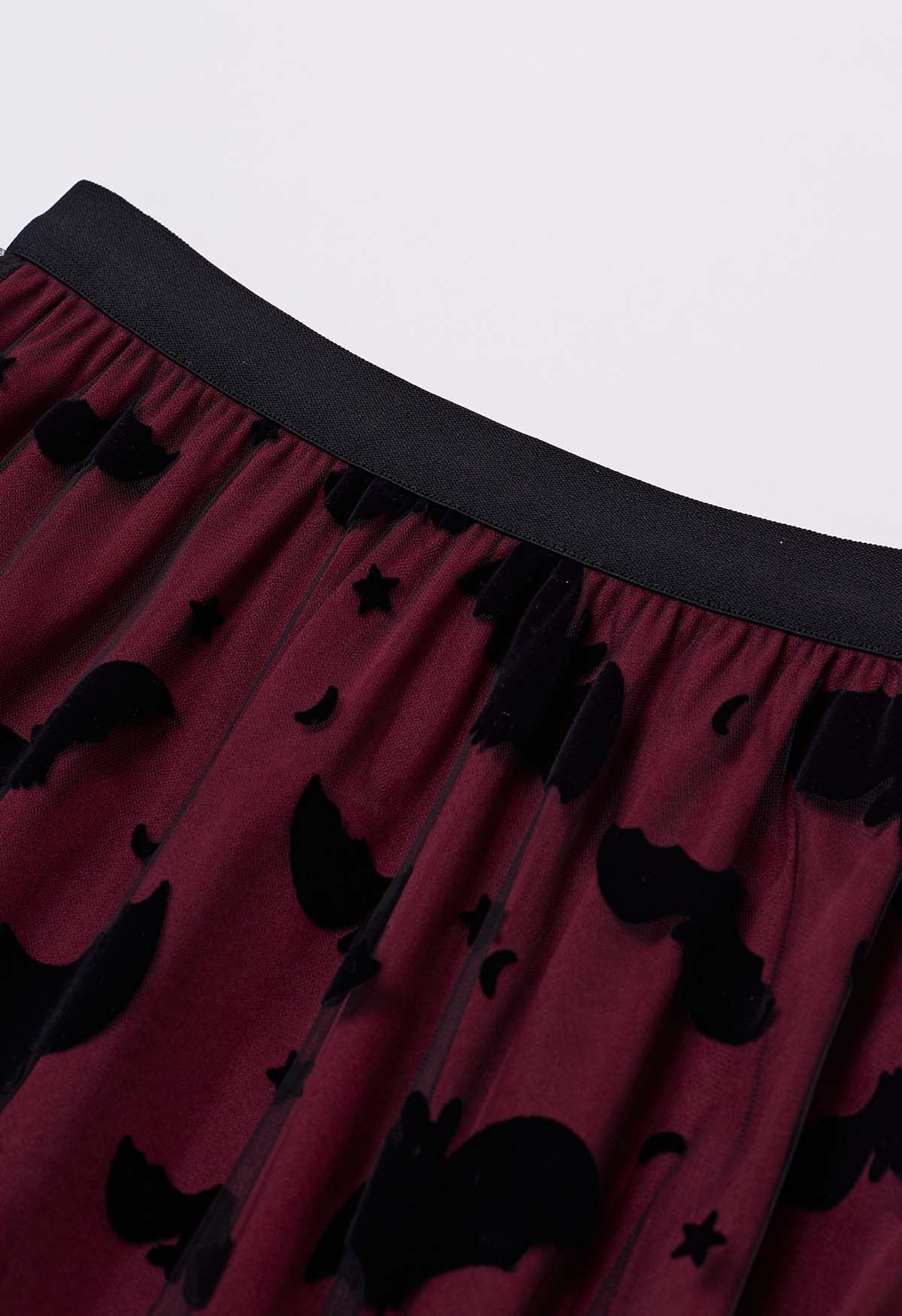 Velvet Bats Mesh Tulle Midi Skirt in Burgundy