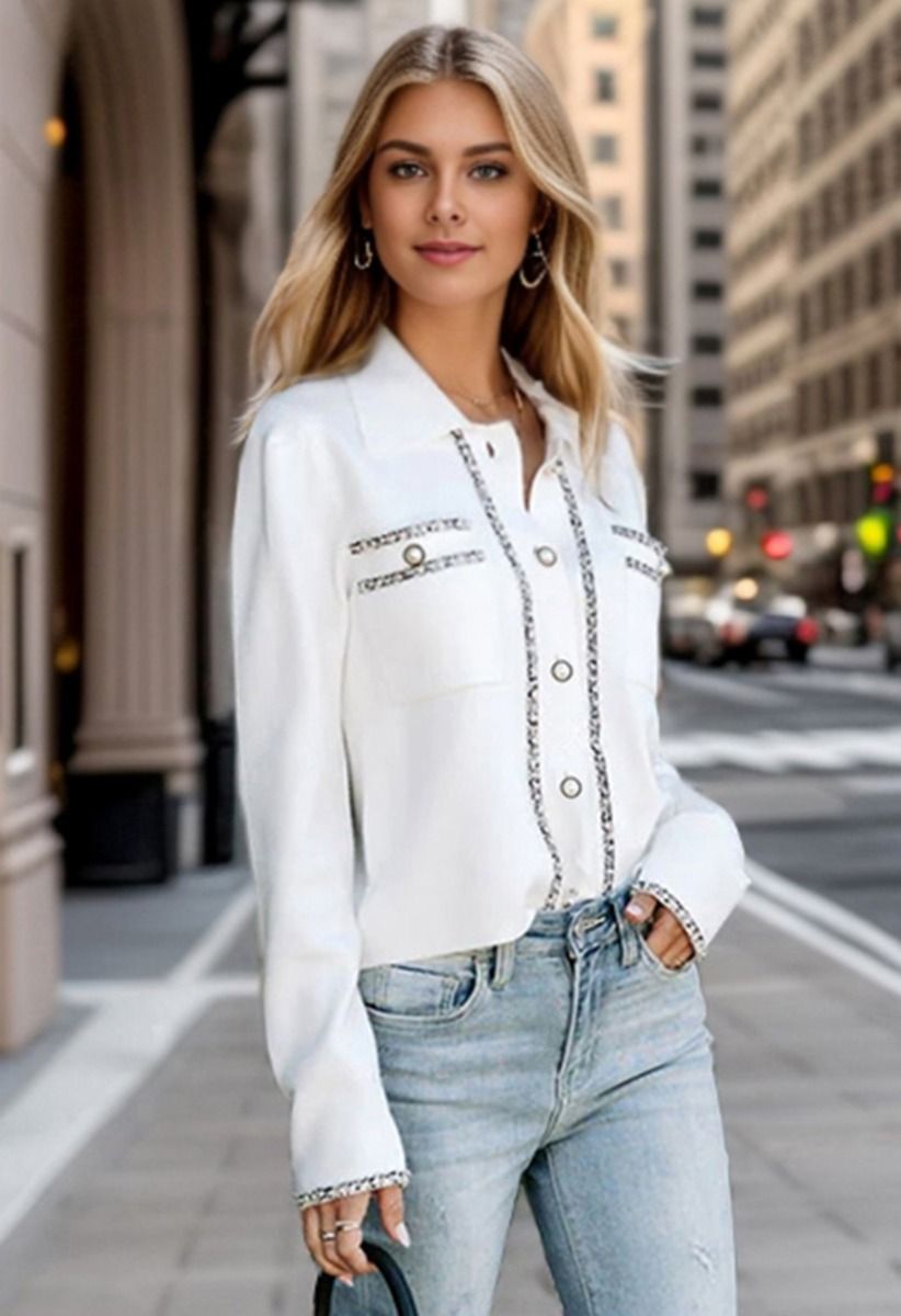 Contrast Trim Button Down Knit Cardigan in White