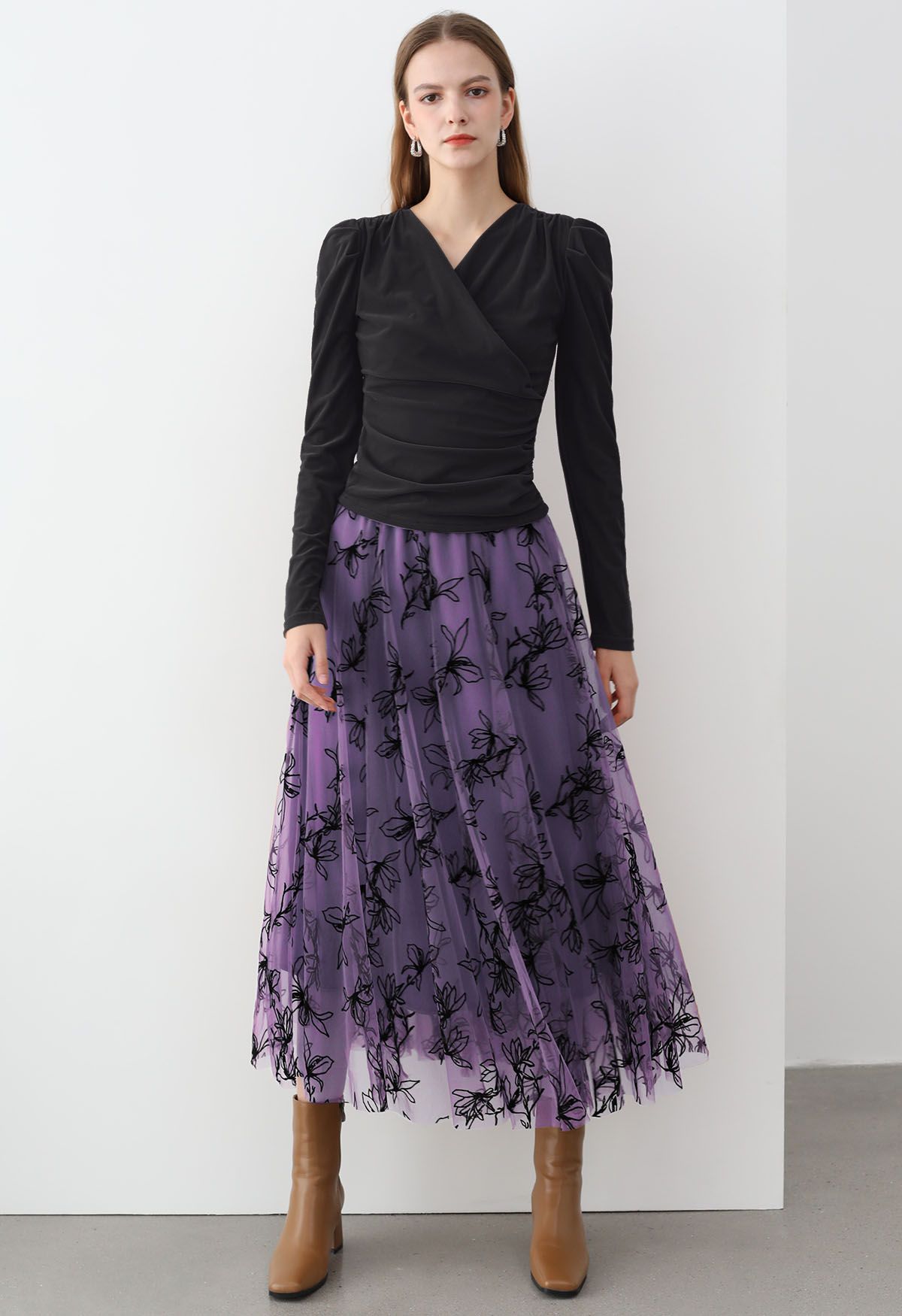 Velvet Magnolia Double-Layered Mesh Maxi Skirt in Lilac