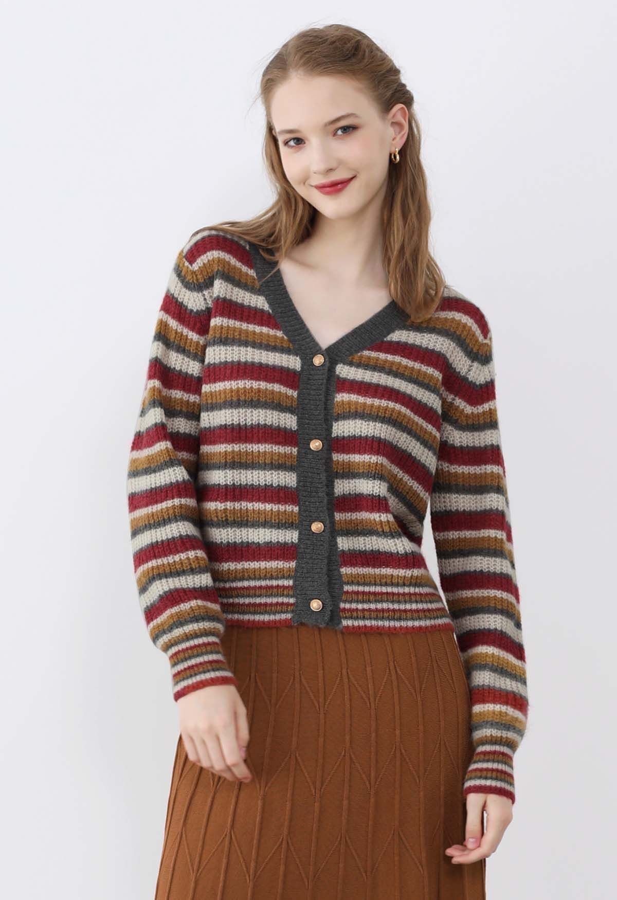 Multicolored Striped Button Front Knit Cardigan in Red