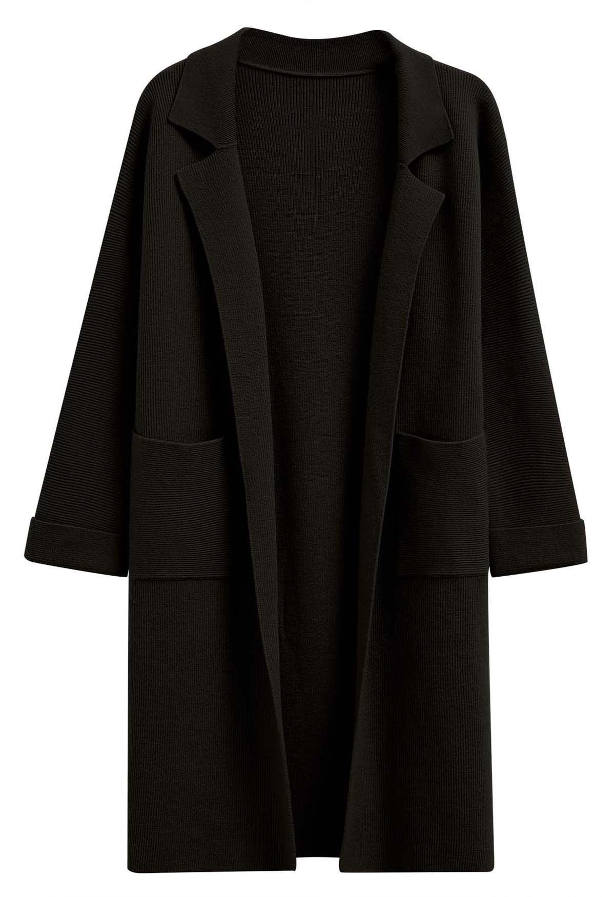 Notch Lapel Belted Longline Knit Cardigan in Black