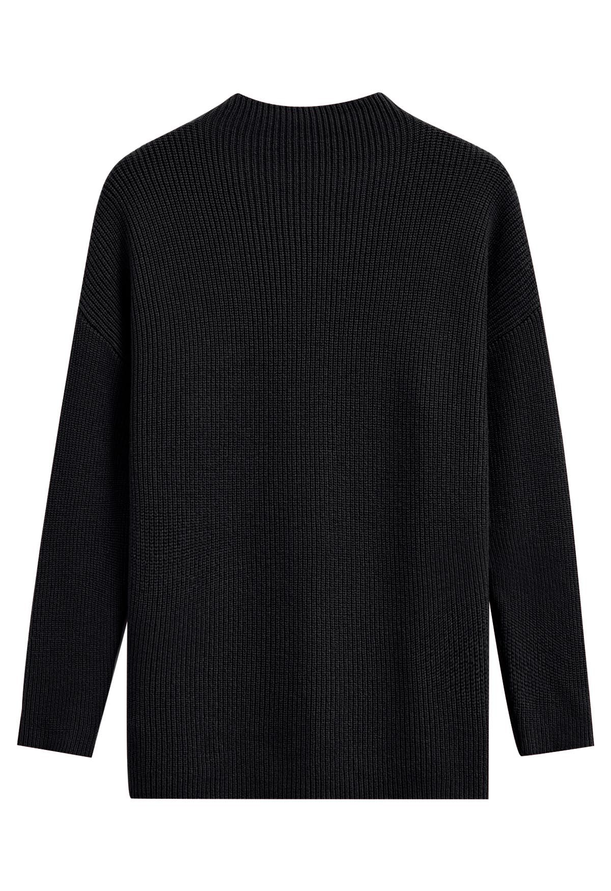 Patch Pocket Ribbed Knit Sweater in Black