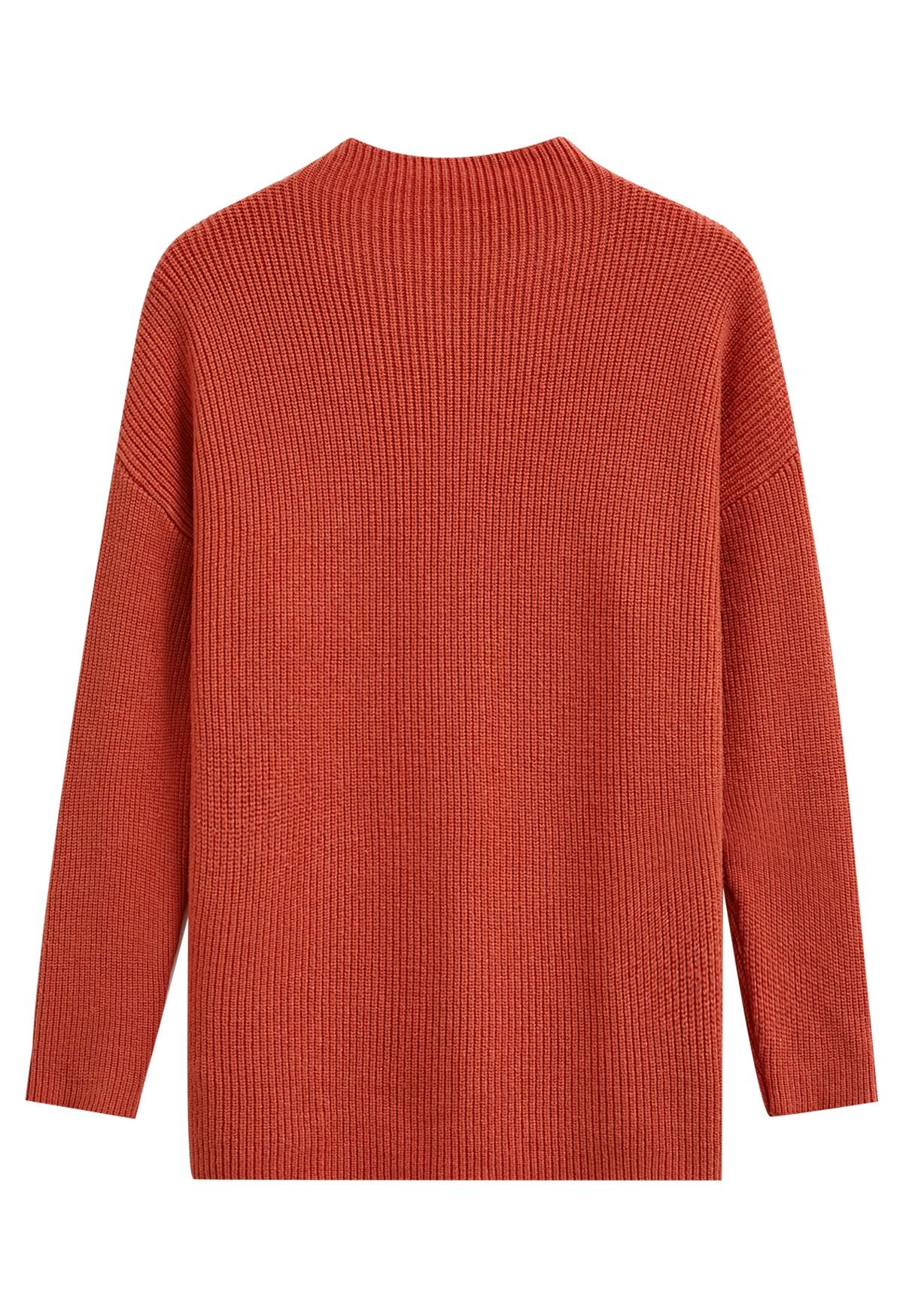 Patch Pocket Ribbed Knit Sweater in Rust Red