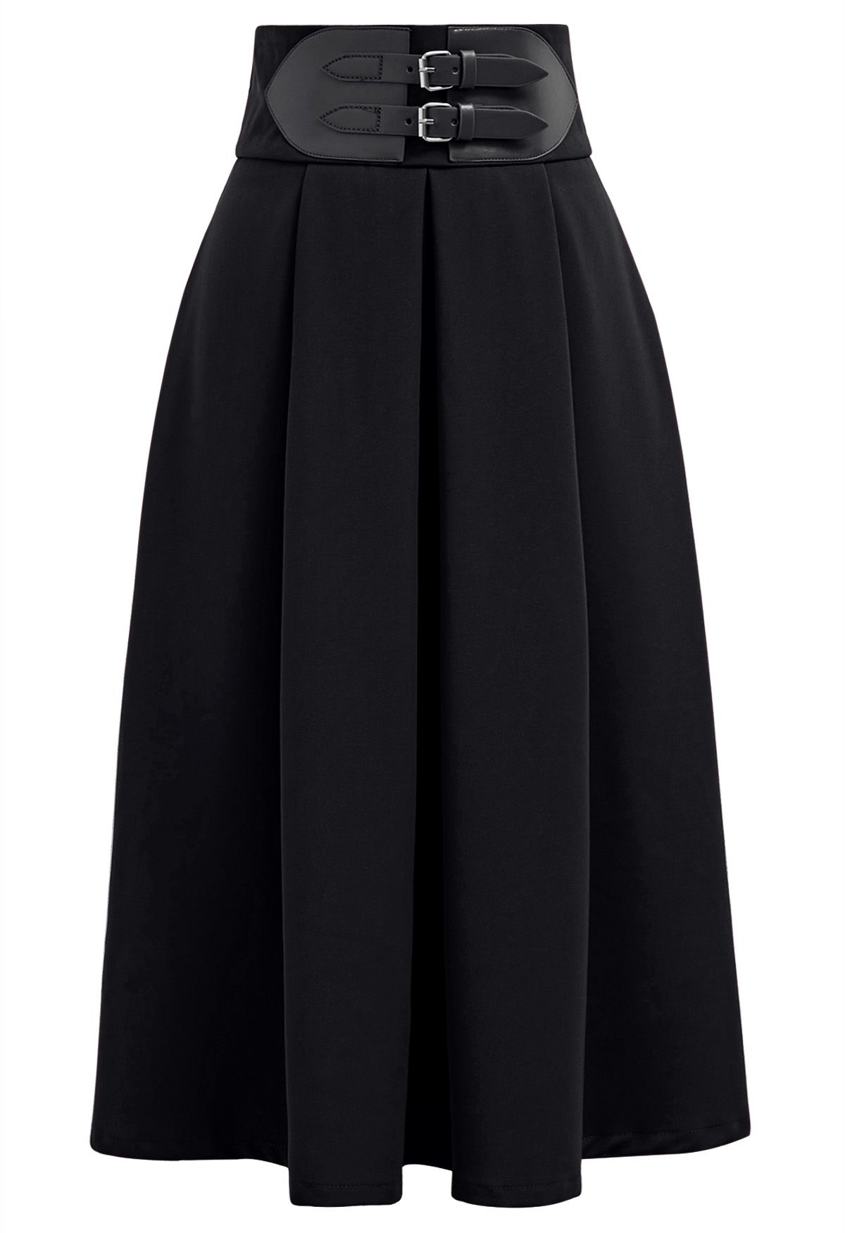 Belt Embellished High Waist Pleated Midi Skirt in Black