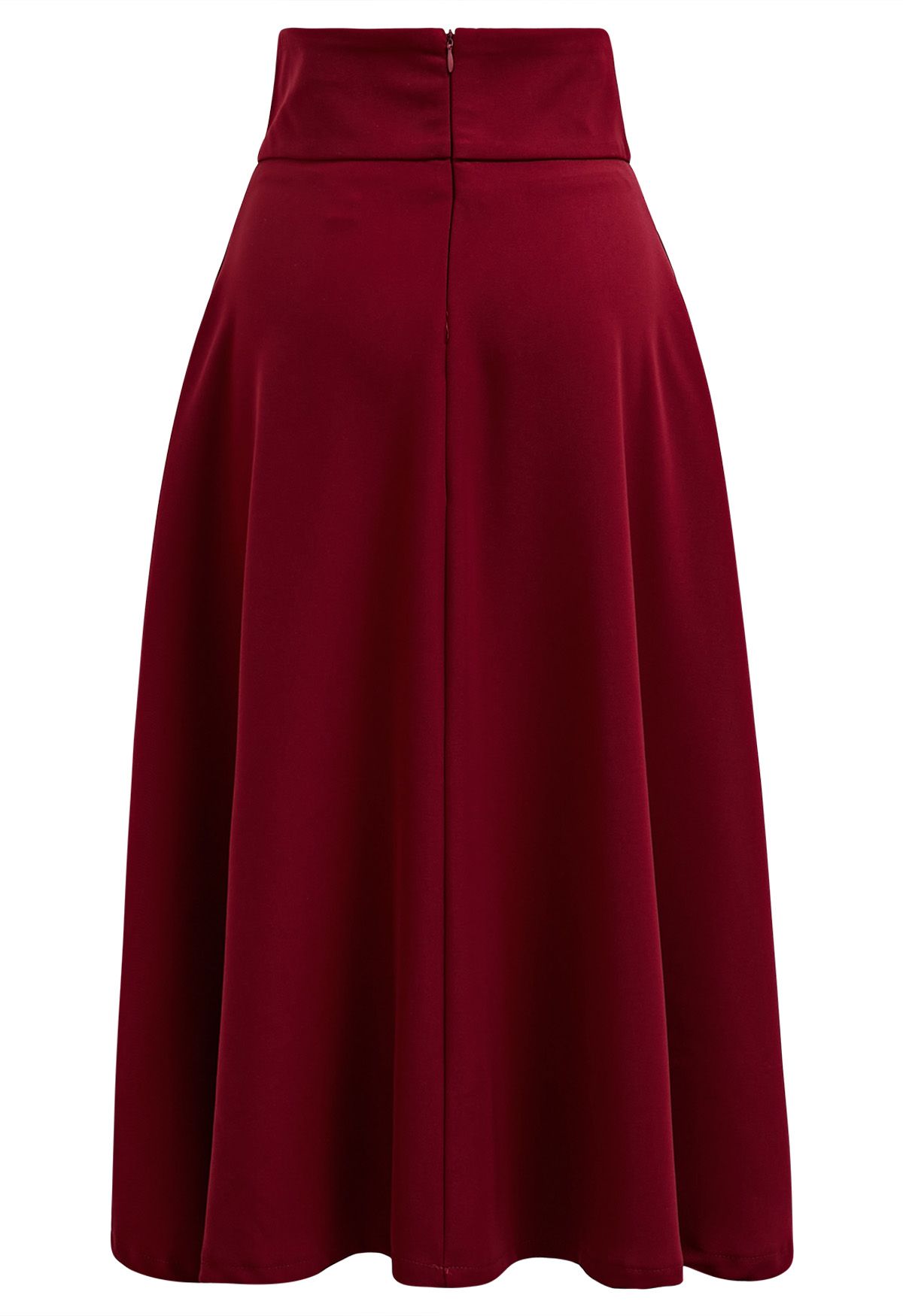 Belt Embellished High Waist Pleated Midi Skirt in Red