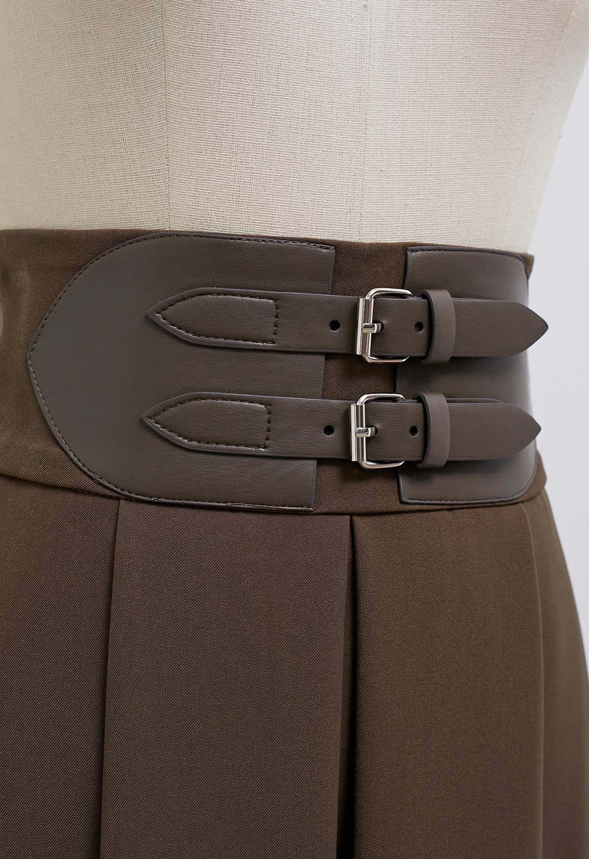 Belt Embellished High Waist Pleated Midi Skirt in Dark Khaki