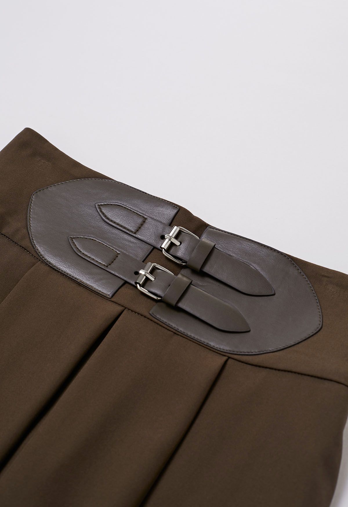 Belt Embellished High Waist Pleated Midi Skirt in Dark Khaki