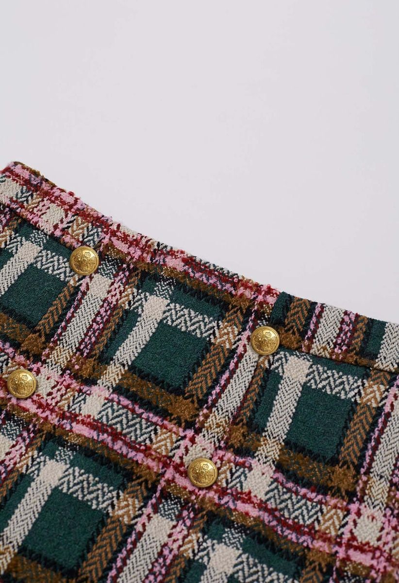 Golden Buttons Green Plaid Wool-Blend Mini Skirt