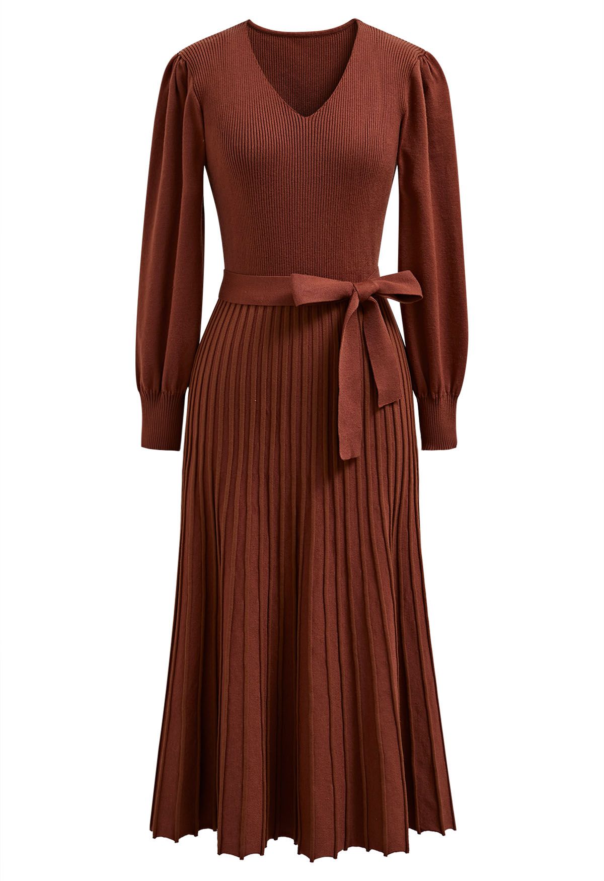 Captivating V-Neck Tie Waist Pleated Knit Dress in Caramel