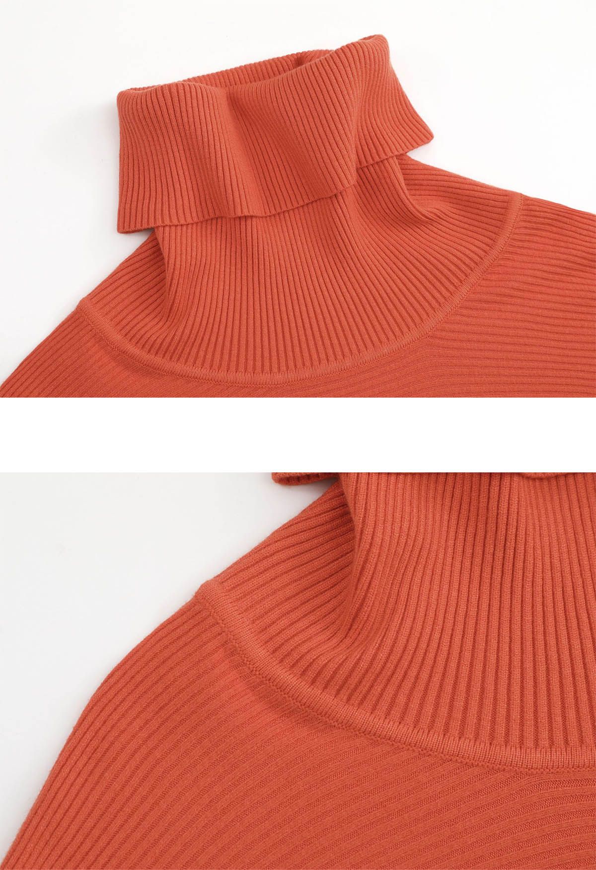 Turtleneck Batwing Sleeves Rib Sweater in Orange