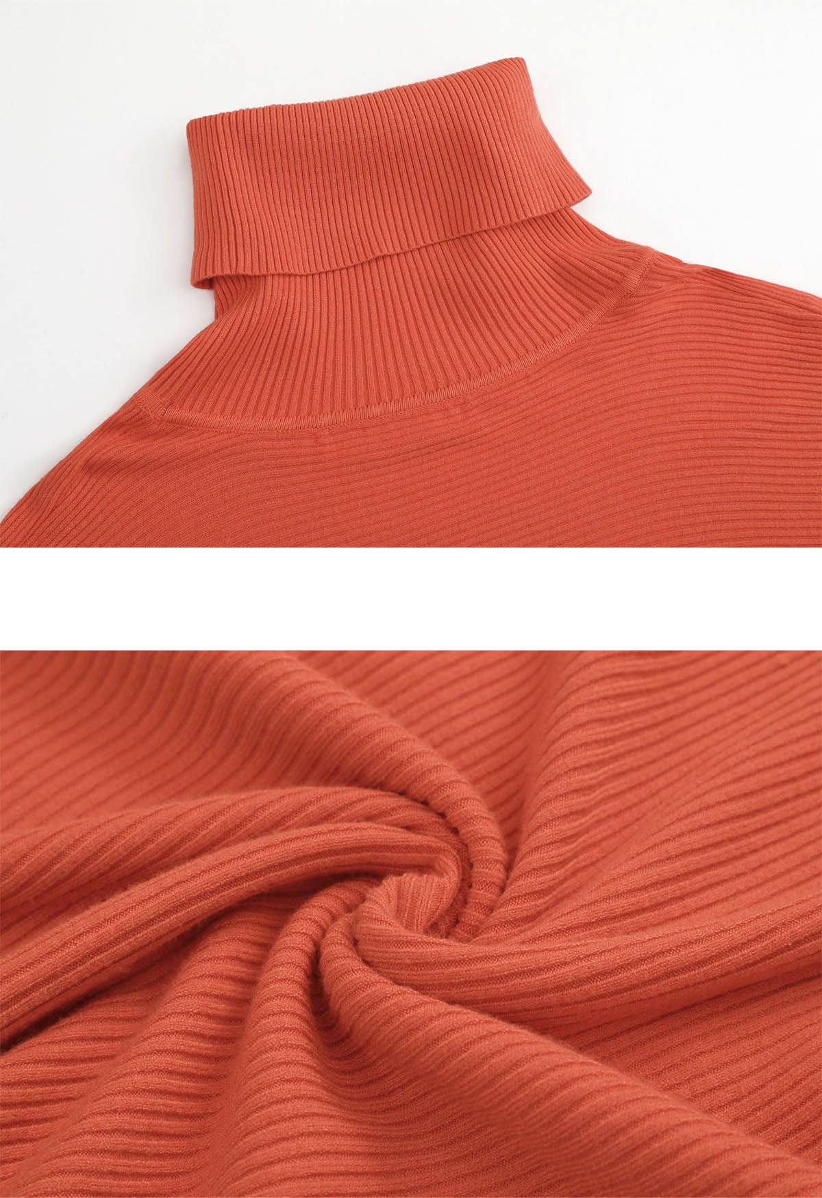 Turtleneck Batwing Sleeves Rib Sweater in Orange