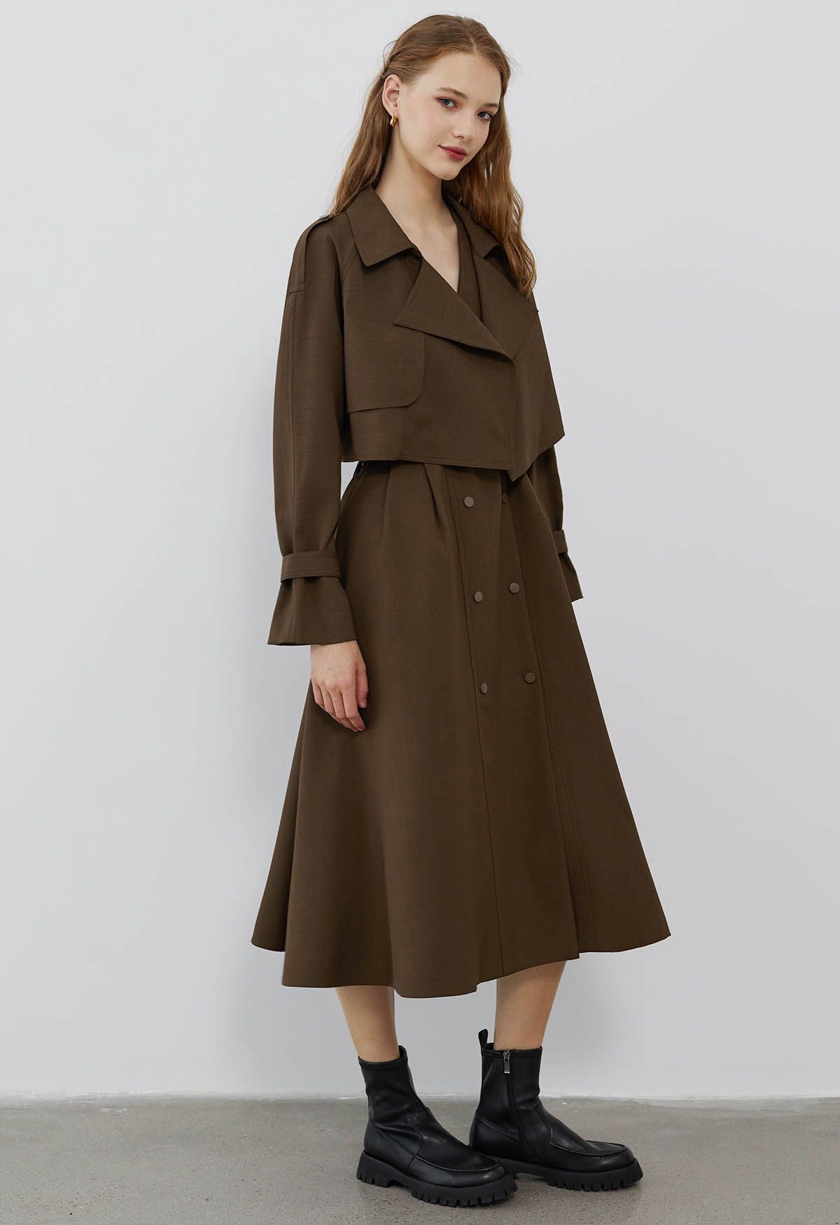 Double-Breasted Vest Dress and Cropped Jacket Set in Brown