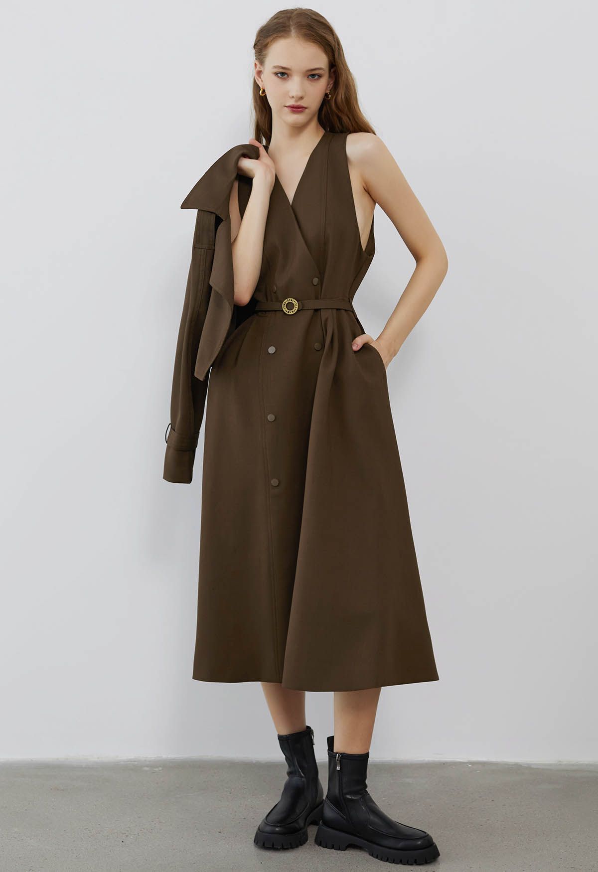 Double-Breasted Vest Dress and Cropped Jacket Set in Brown - Retro ...