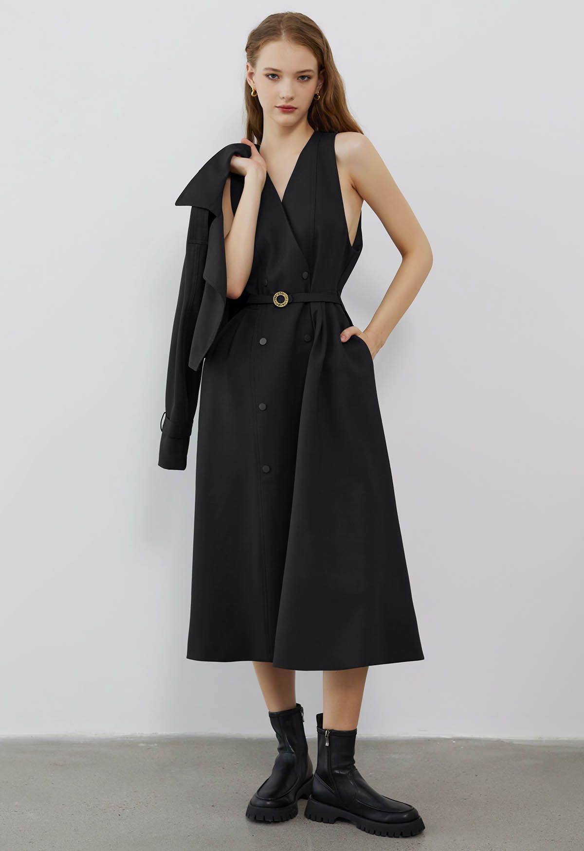 Double-Breasted Vest Dress and Cropped Jacket Set in Black