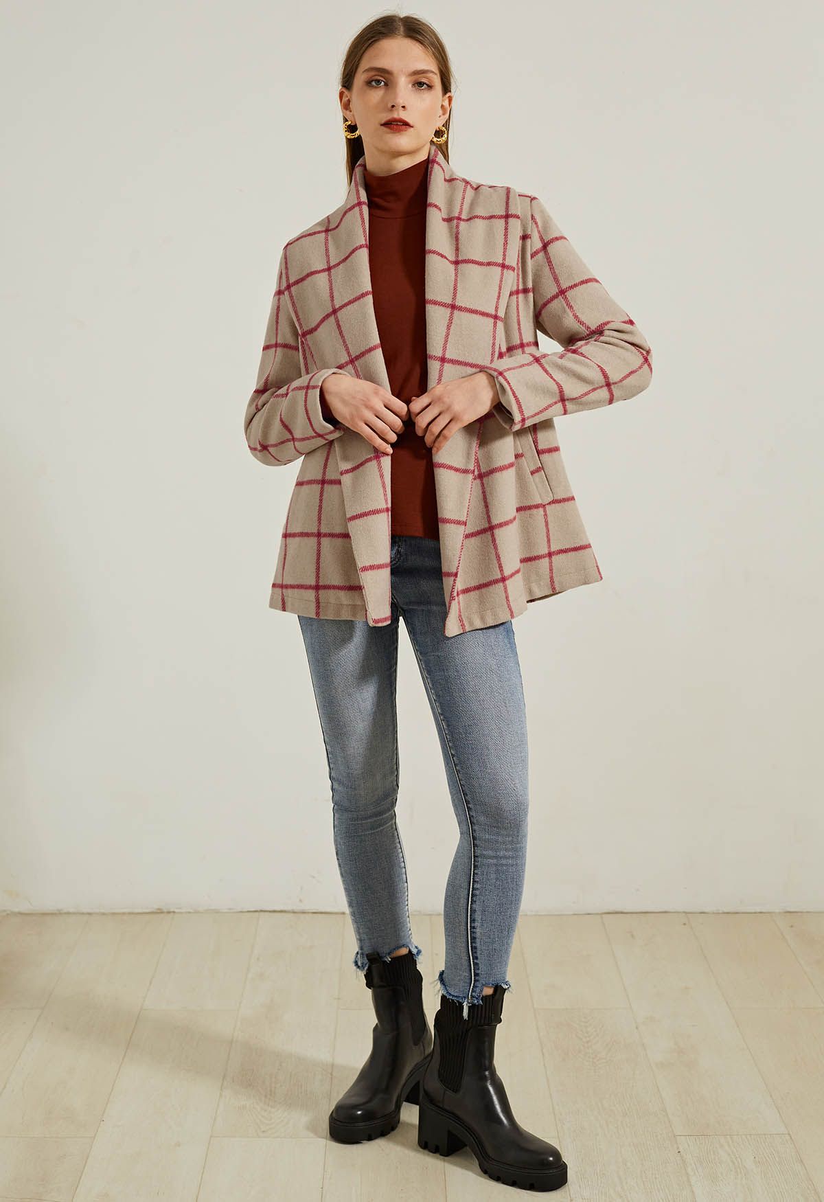 Check Open Front Wool-Blend Coat in Camel