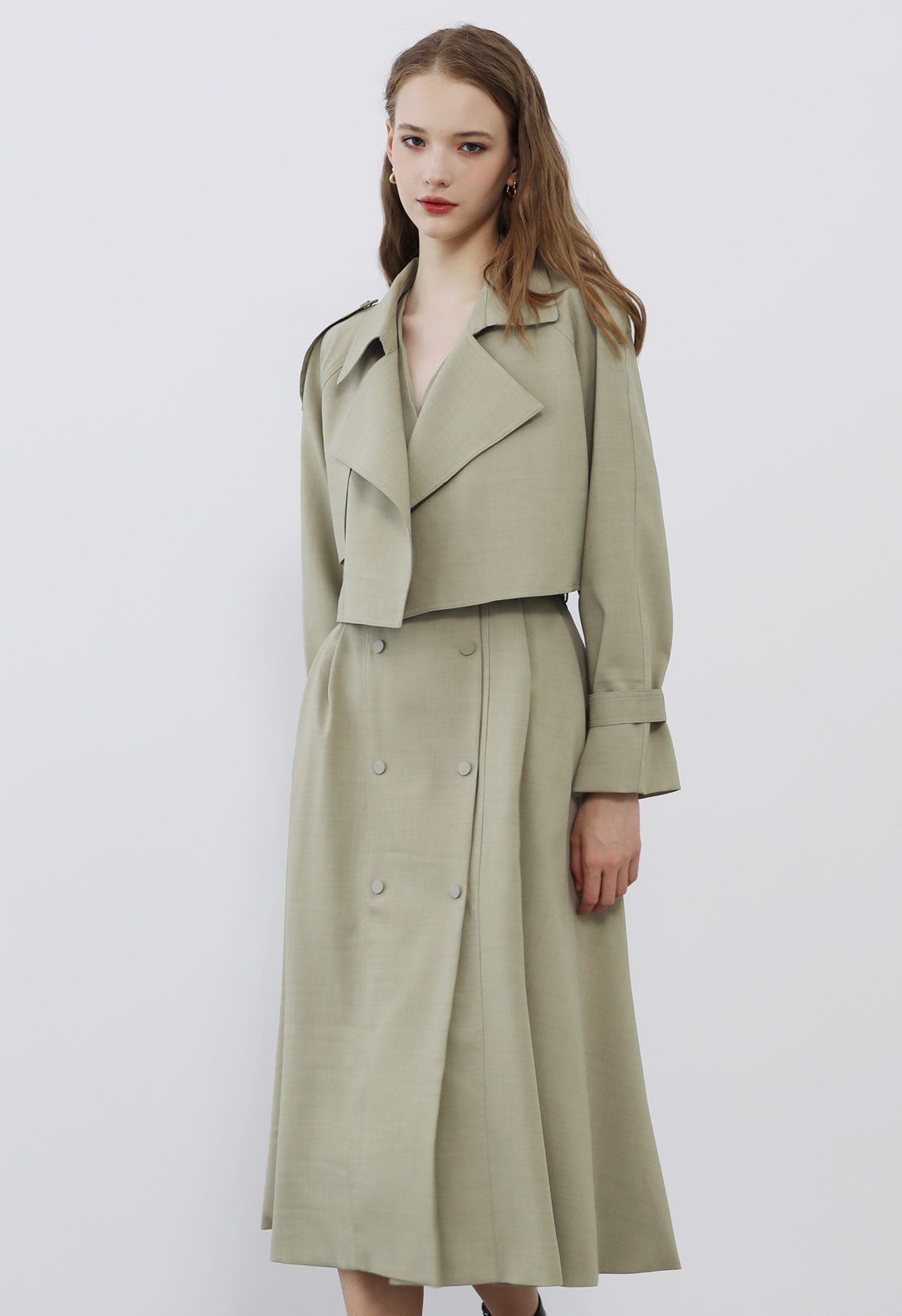 Double-Breasted Vest Dress and Cropped Jacket Set in Sage