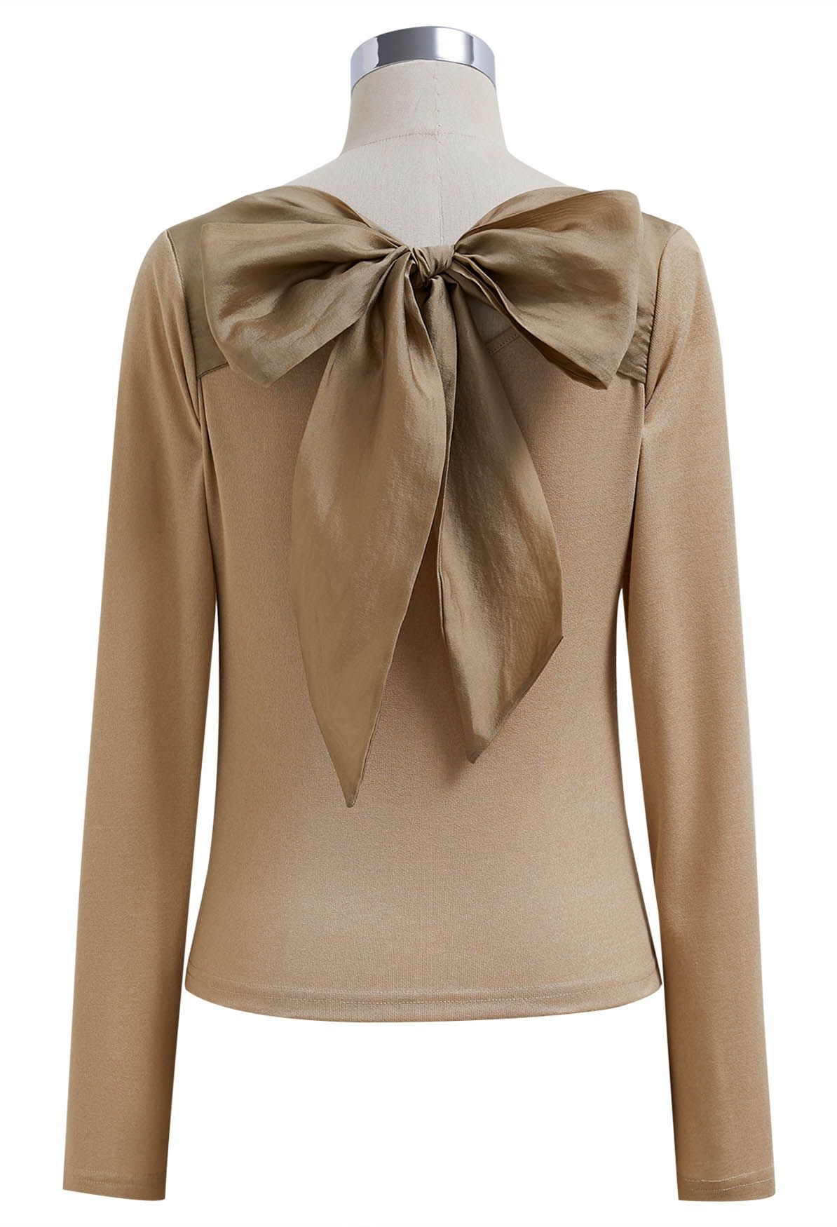 Self-Tie Bowknot Back Ruched V-Neck Top in Light Tan