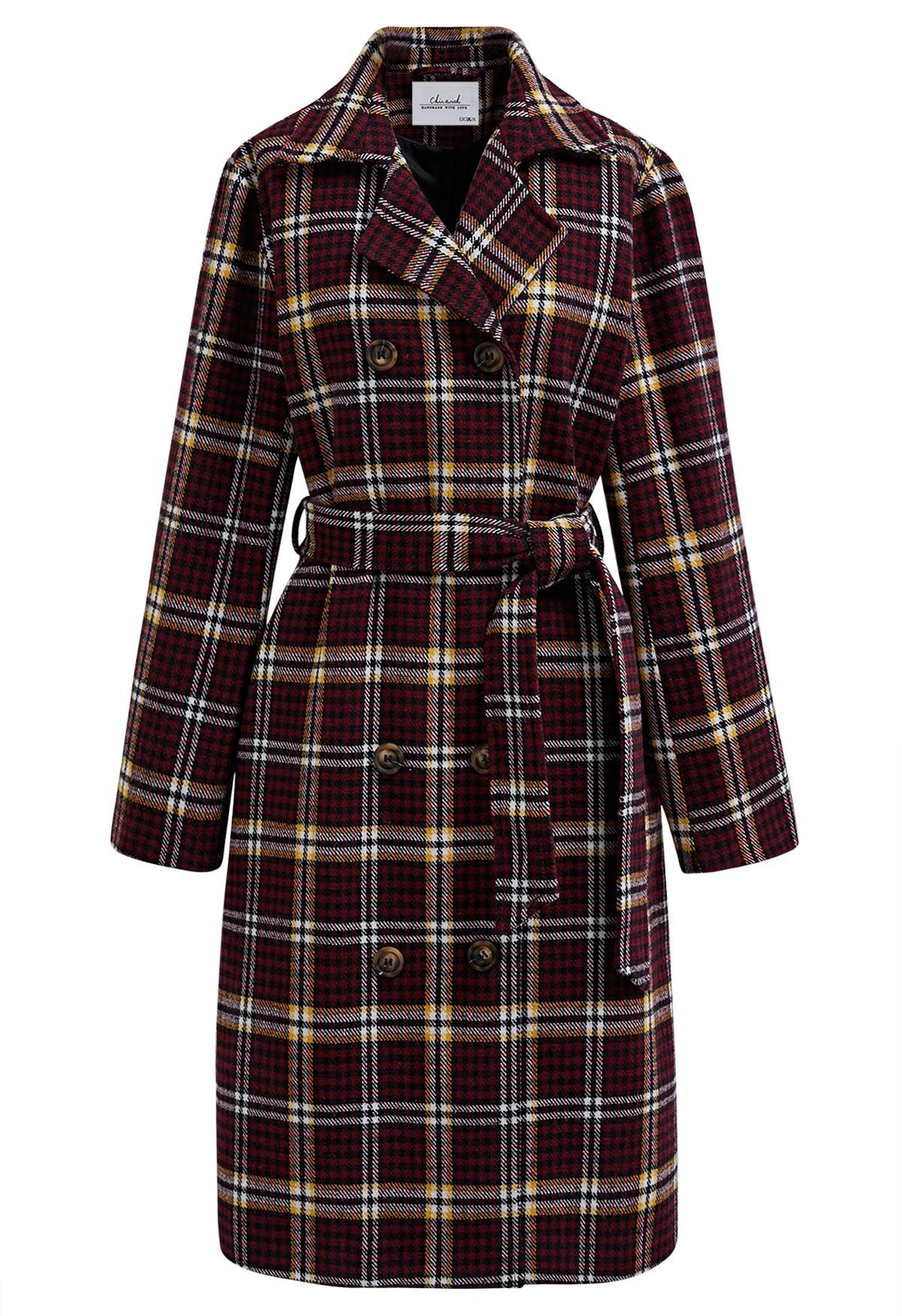 Houndstooth Plaid Double-Breasted Longline Coat