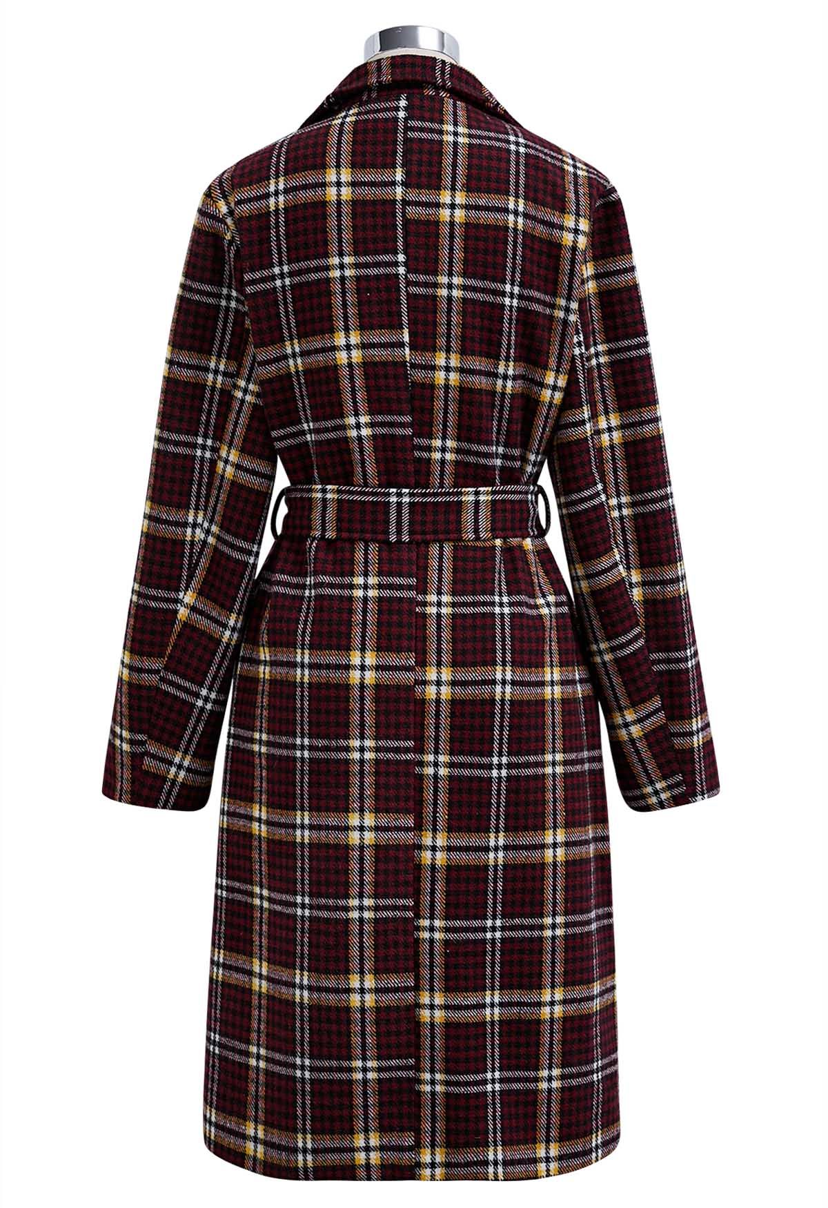 Houndstooth Plaid Double-Breasted Longline Coat