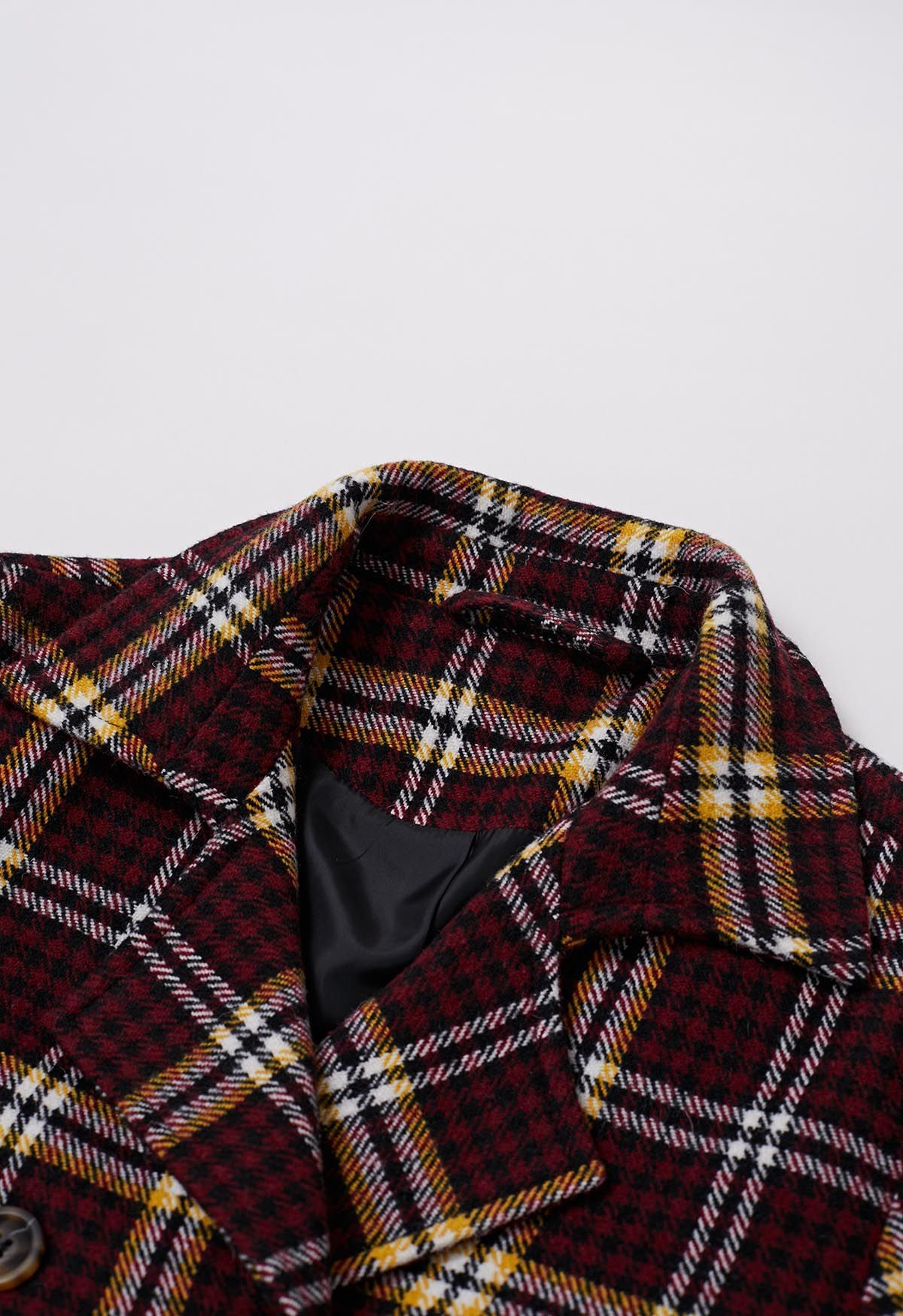 Houndstooth Plaid Double-Breasted Longline Coat