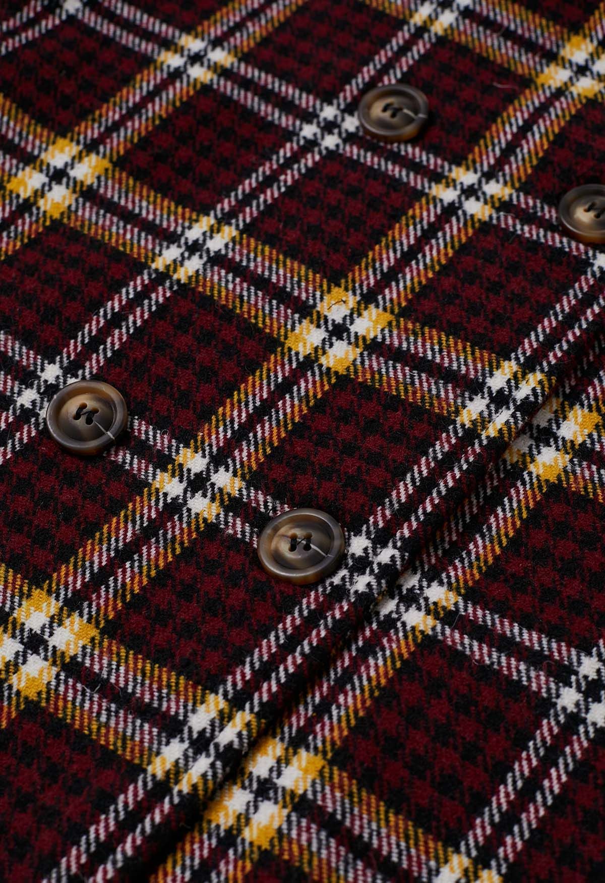 Houndstooth Plaid Double-Breasted Longline Coat