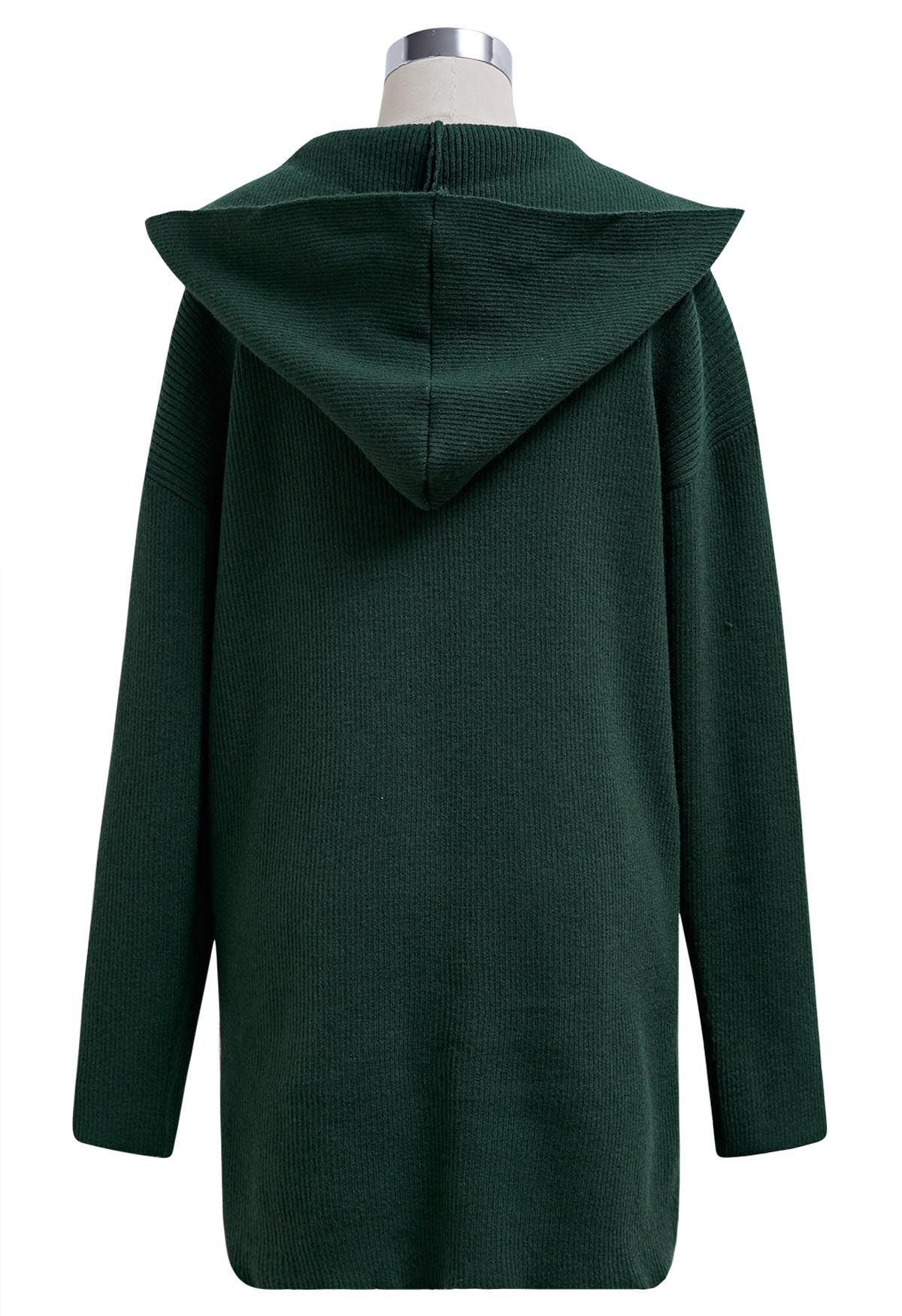 Patch Pockets Open Front Hooded Cardigan in Dark Green