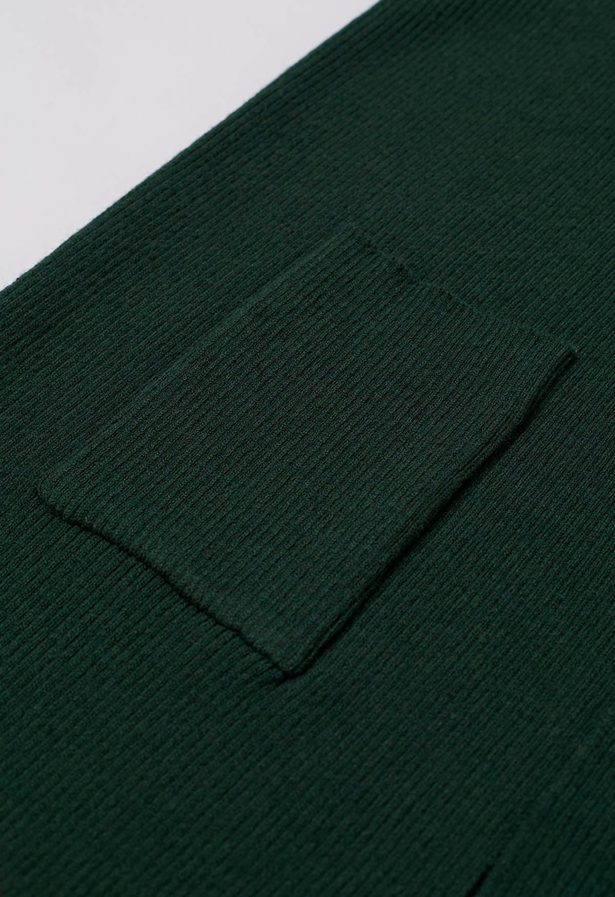 Patch Pockets Open Front Hooded Cardigan in Dark Green