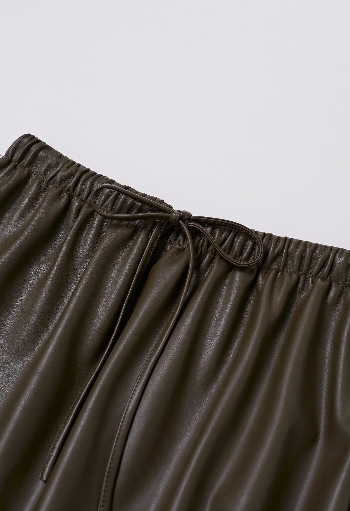 Drawstring Waist Faux Leather Maxi Skirt in Olive