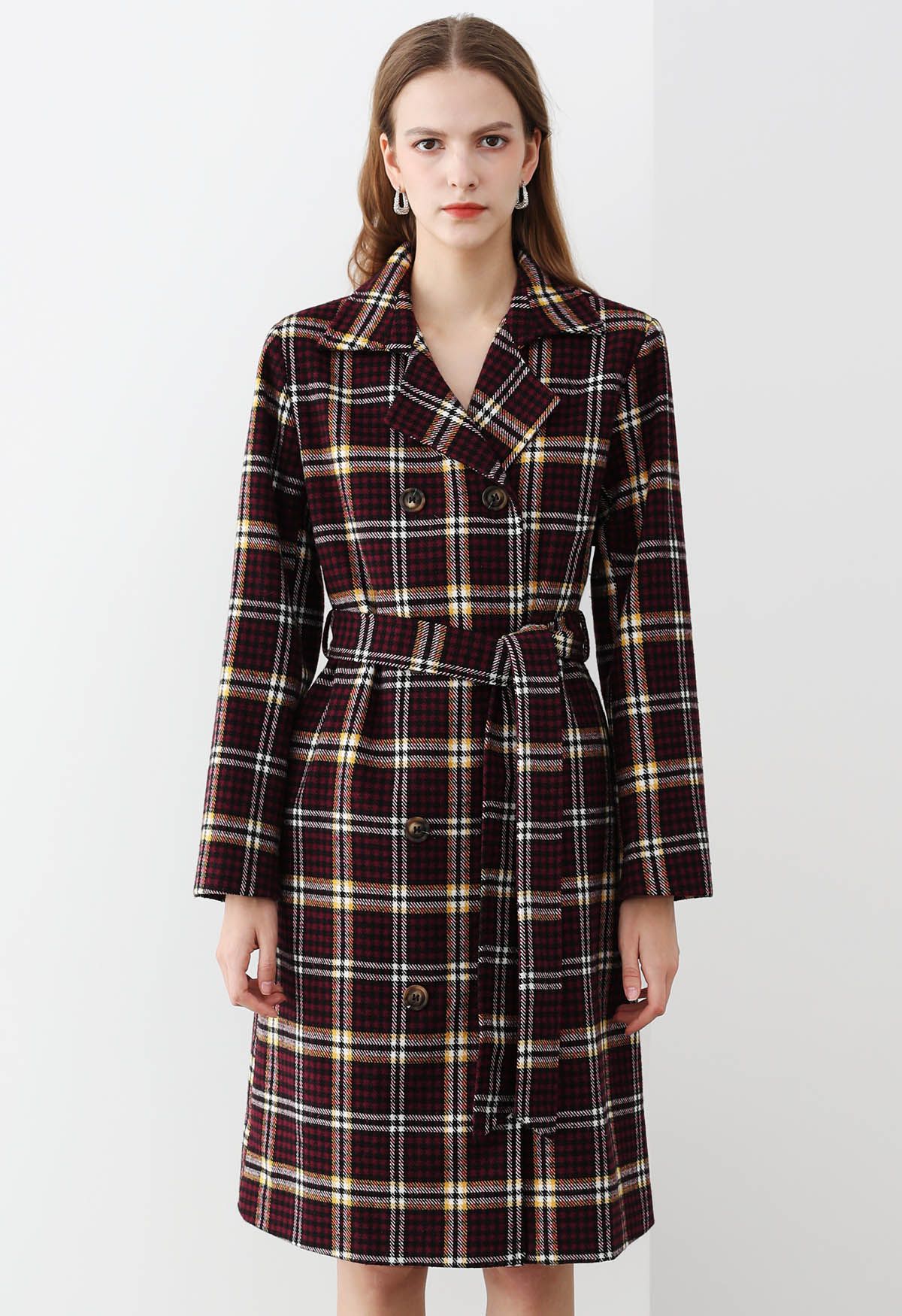 Houndstooth Plaid Double-Breasted Longline Coat