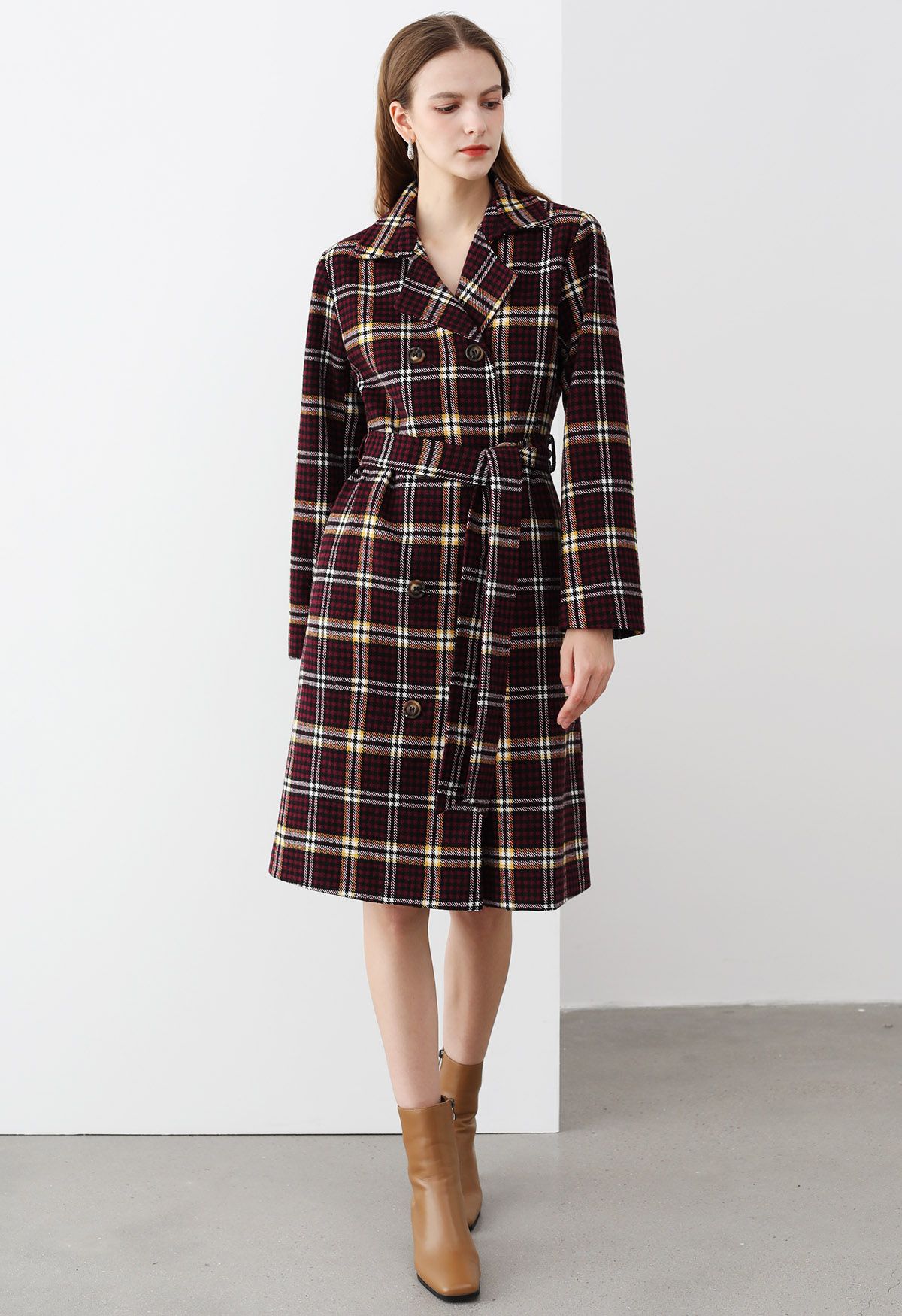 Houndstooth Plaid Double-Breasted Longline Coat