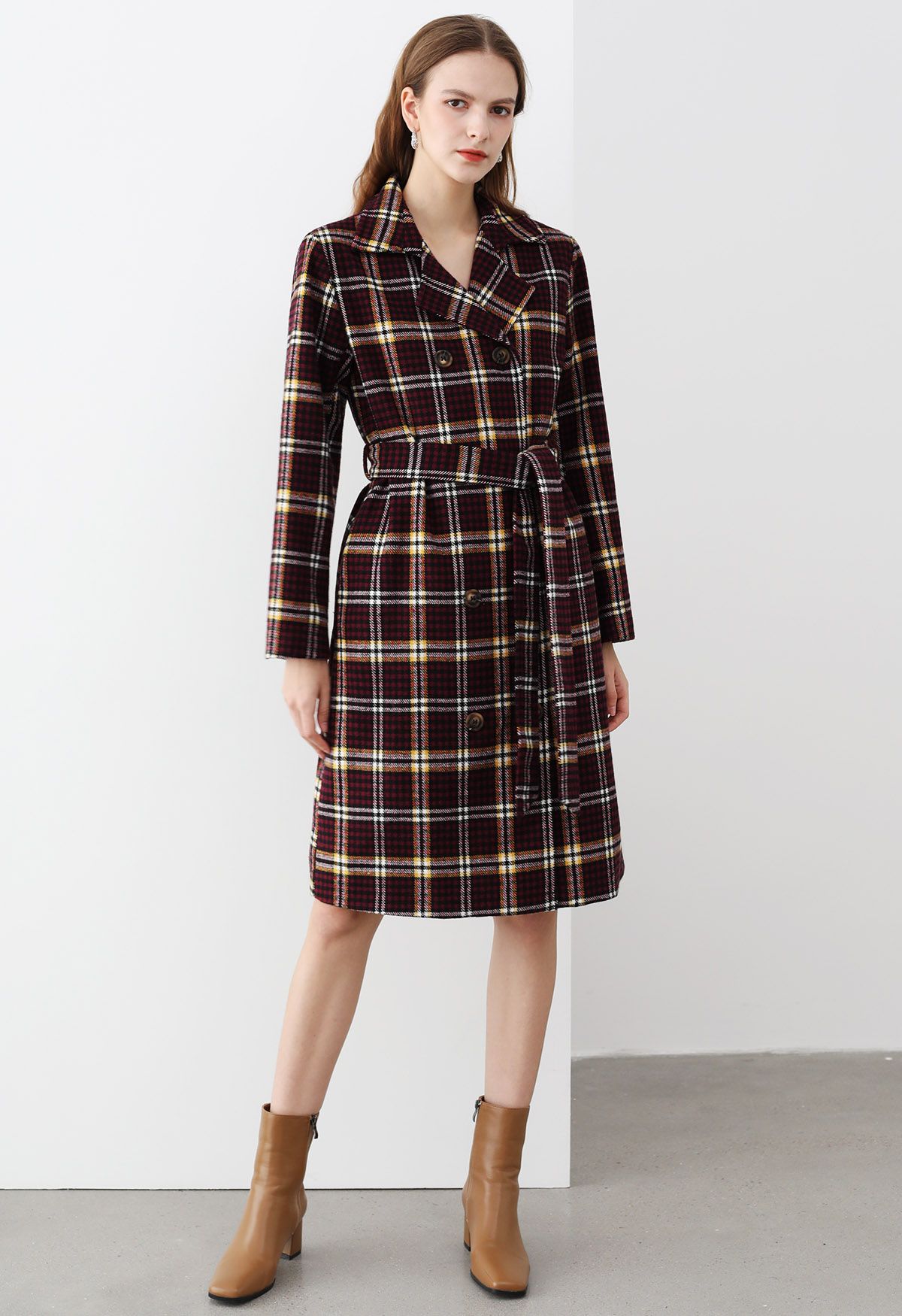 Houndstooth Plaid Double-Breasted Longline Coat