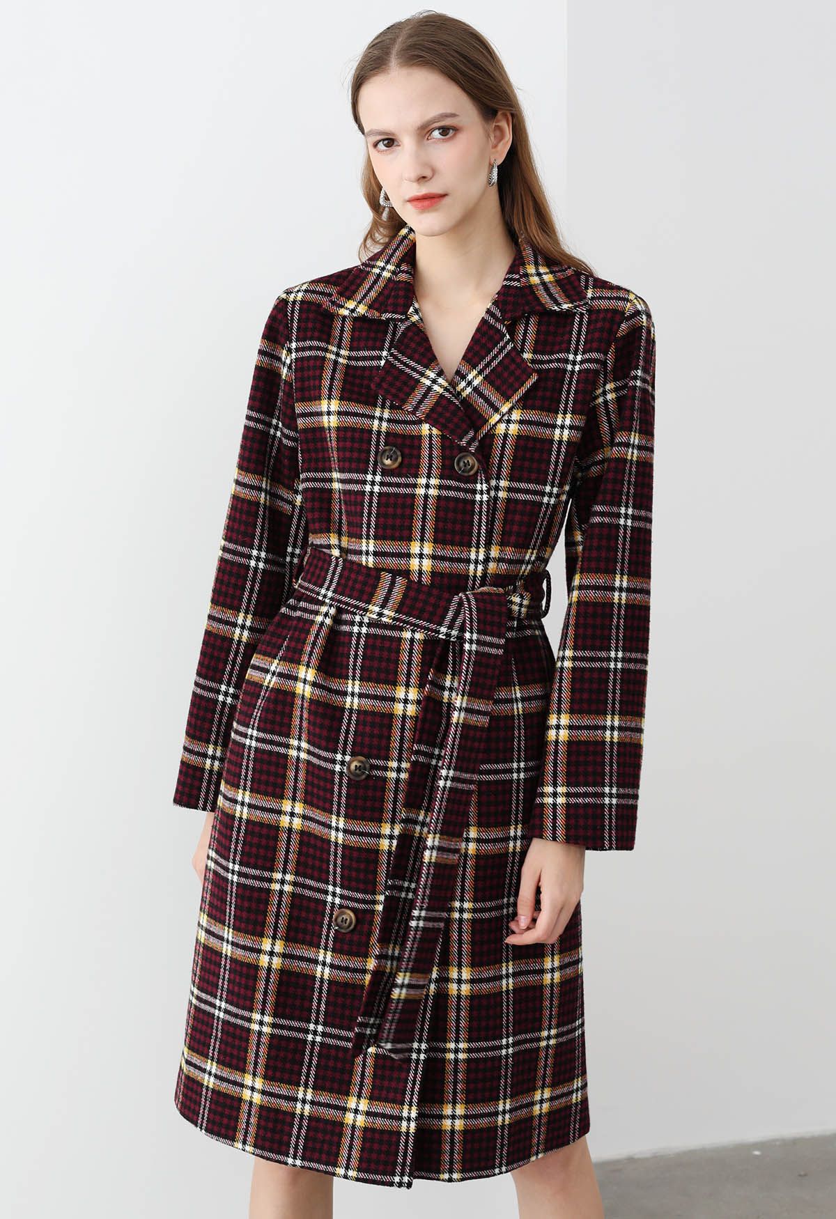 Houndstooth Plaid Double-Breasted Longline Coat