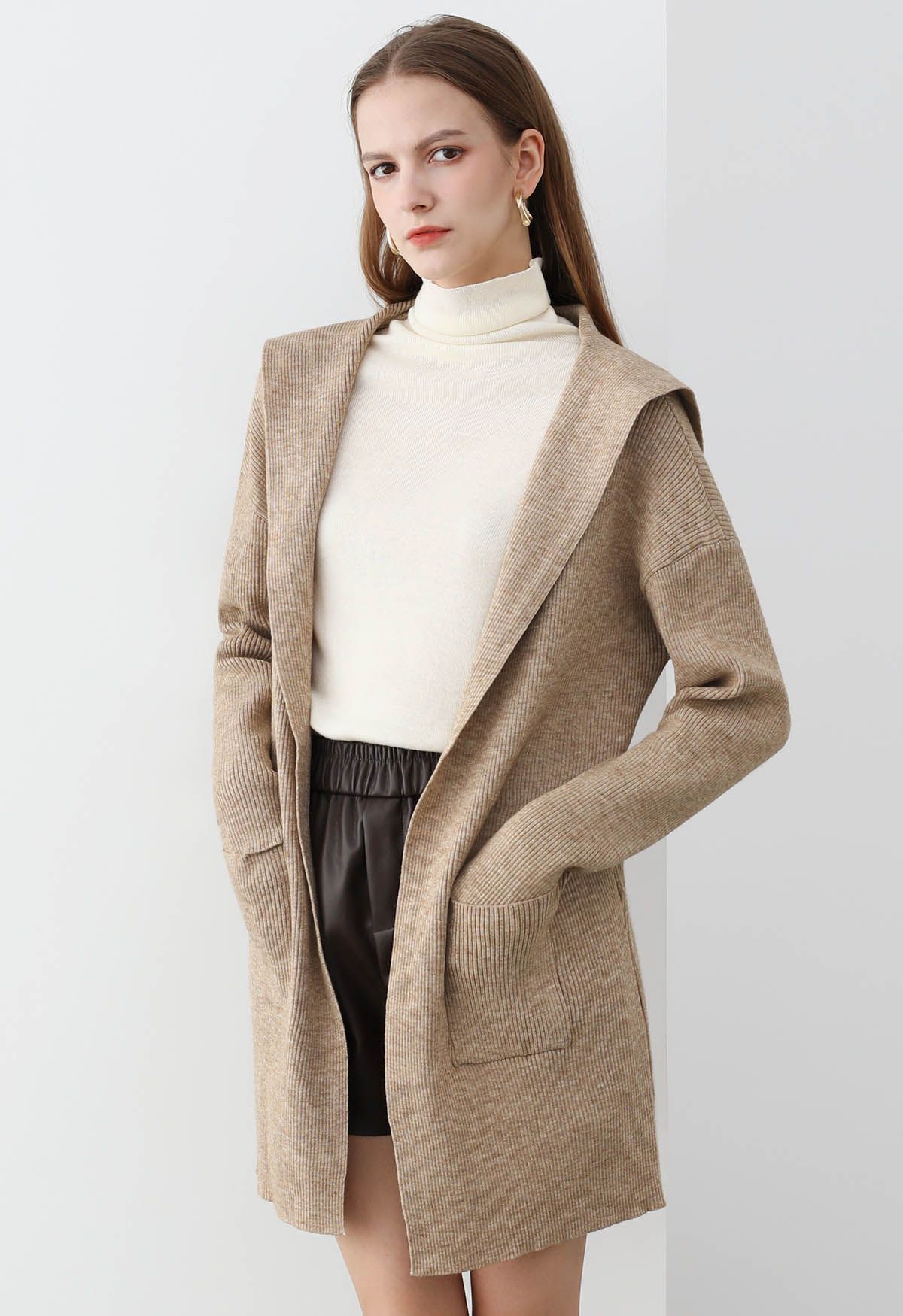 Patch Pockets Open Front Hooded Cardigan in Camel