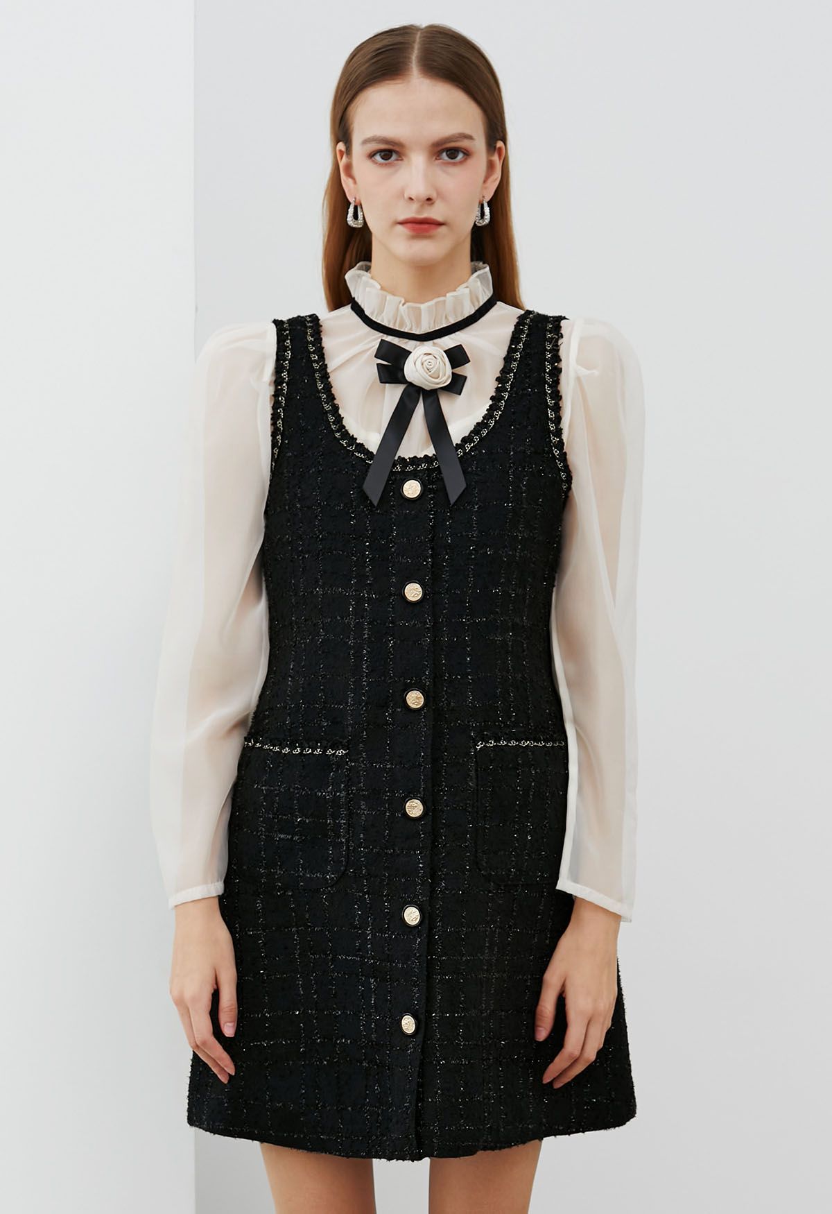 Plaid Patch Pocket Tweed Vest Dress