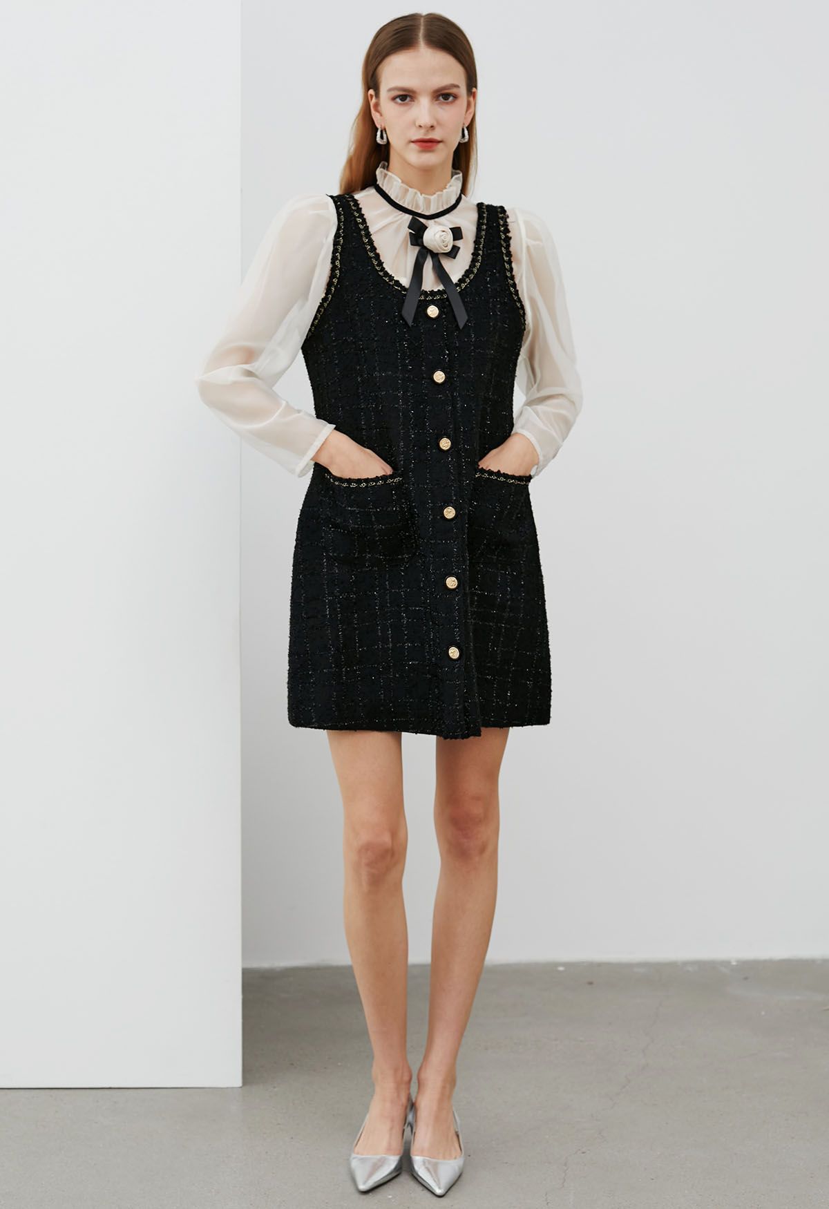 Plaid Patch Pocket Tweed Vest Dress