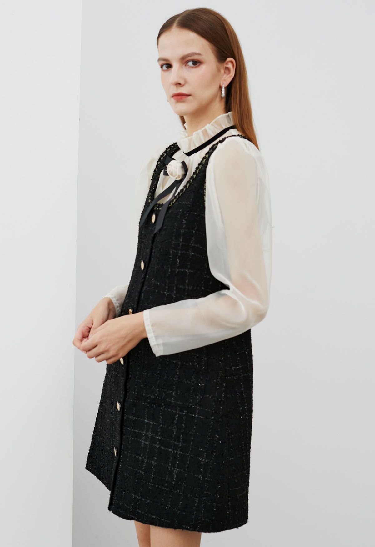 Plaid Patch Pocket Tweed Vest Dress