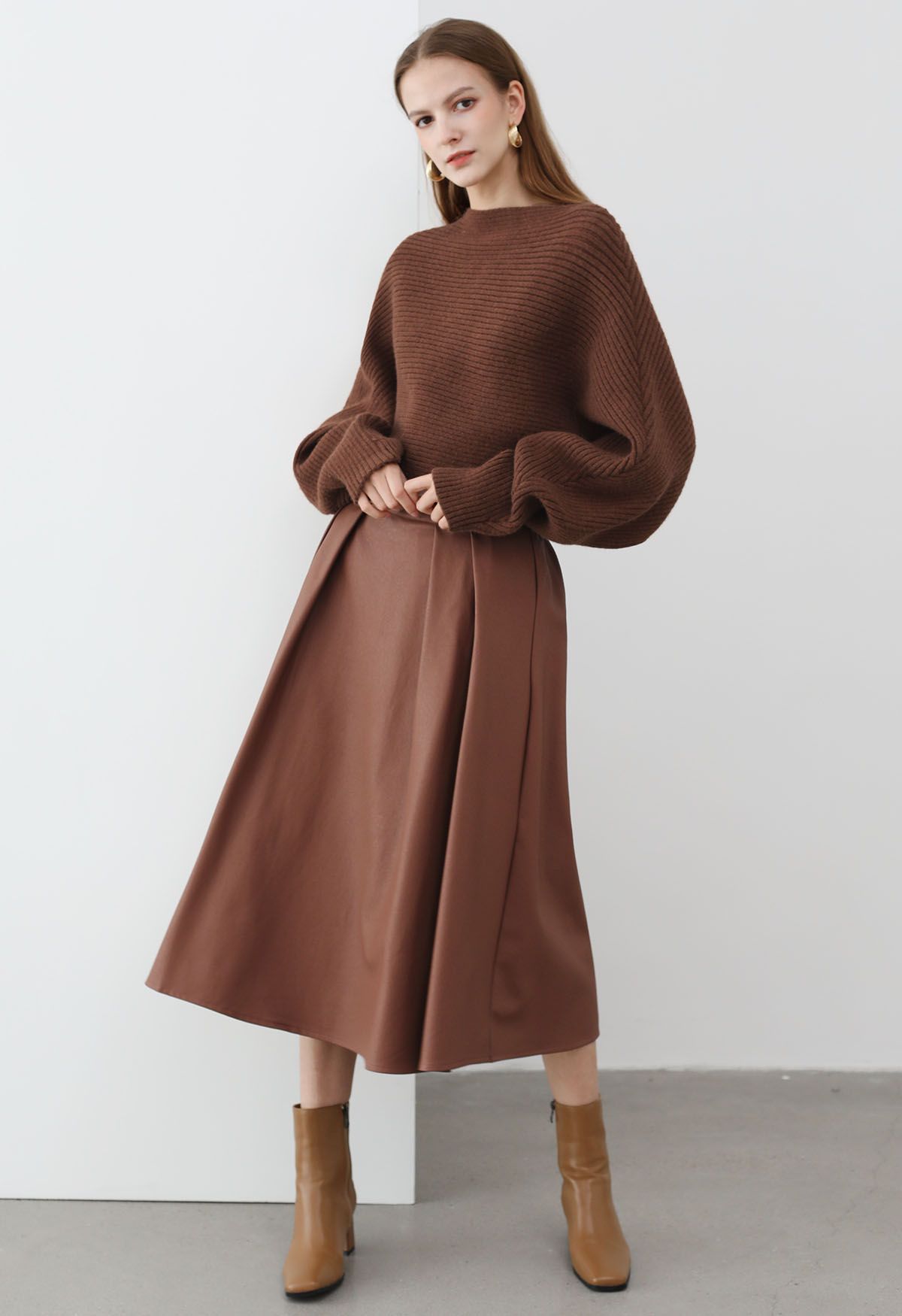 Faux Leather Pleated Flare Midi Skirt in Rust