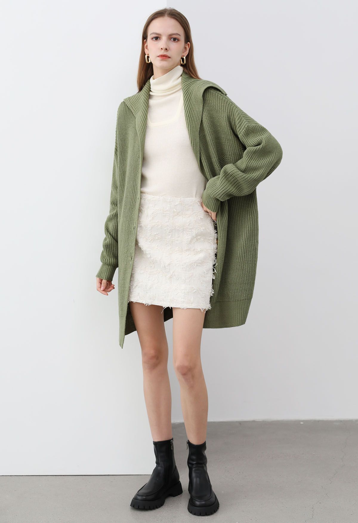 Flap Collar Button Down Longline Knit Cardigan in Green