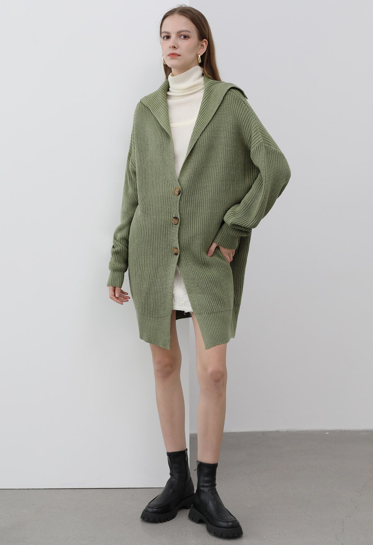 Flap Collar Button Down Longline Knit Cardigan in Green