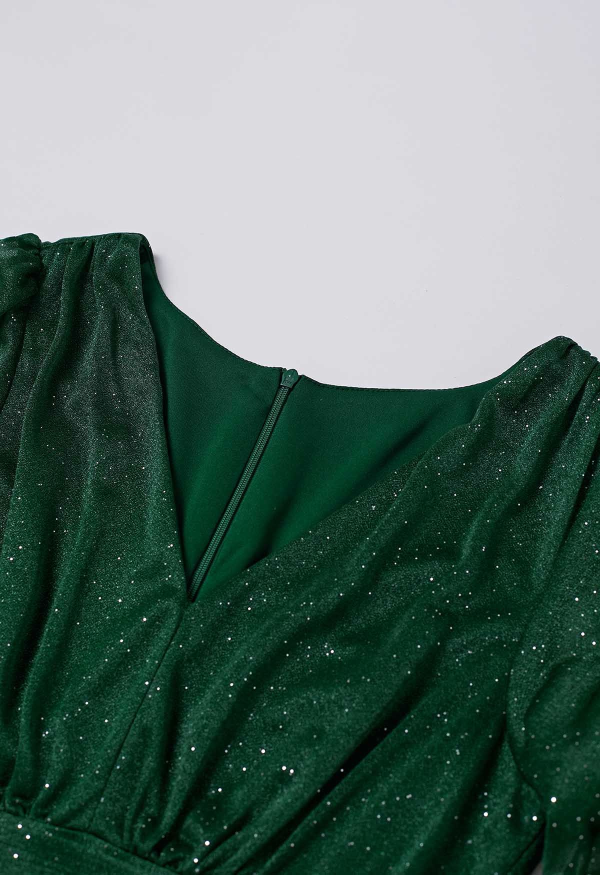 Fantasy Emerald V-Neck Glitter Gown
