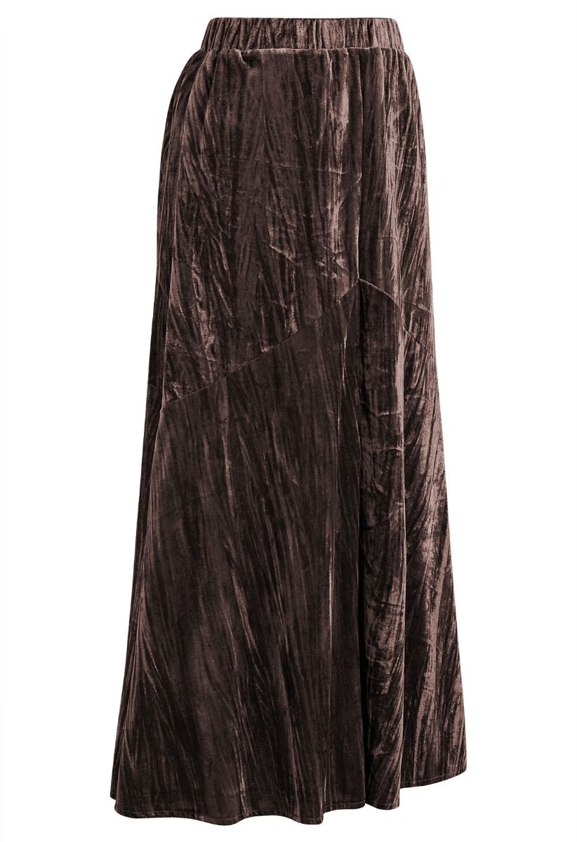 Flare Hem Velvet Midi Skirt in Brown