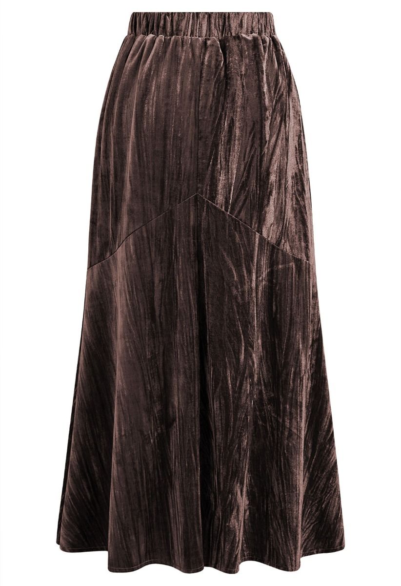 Flare Hem Velvet Midi Skirt in Brown