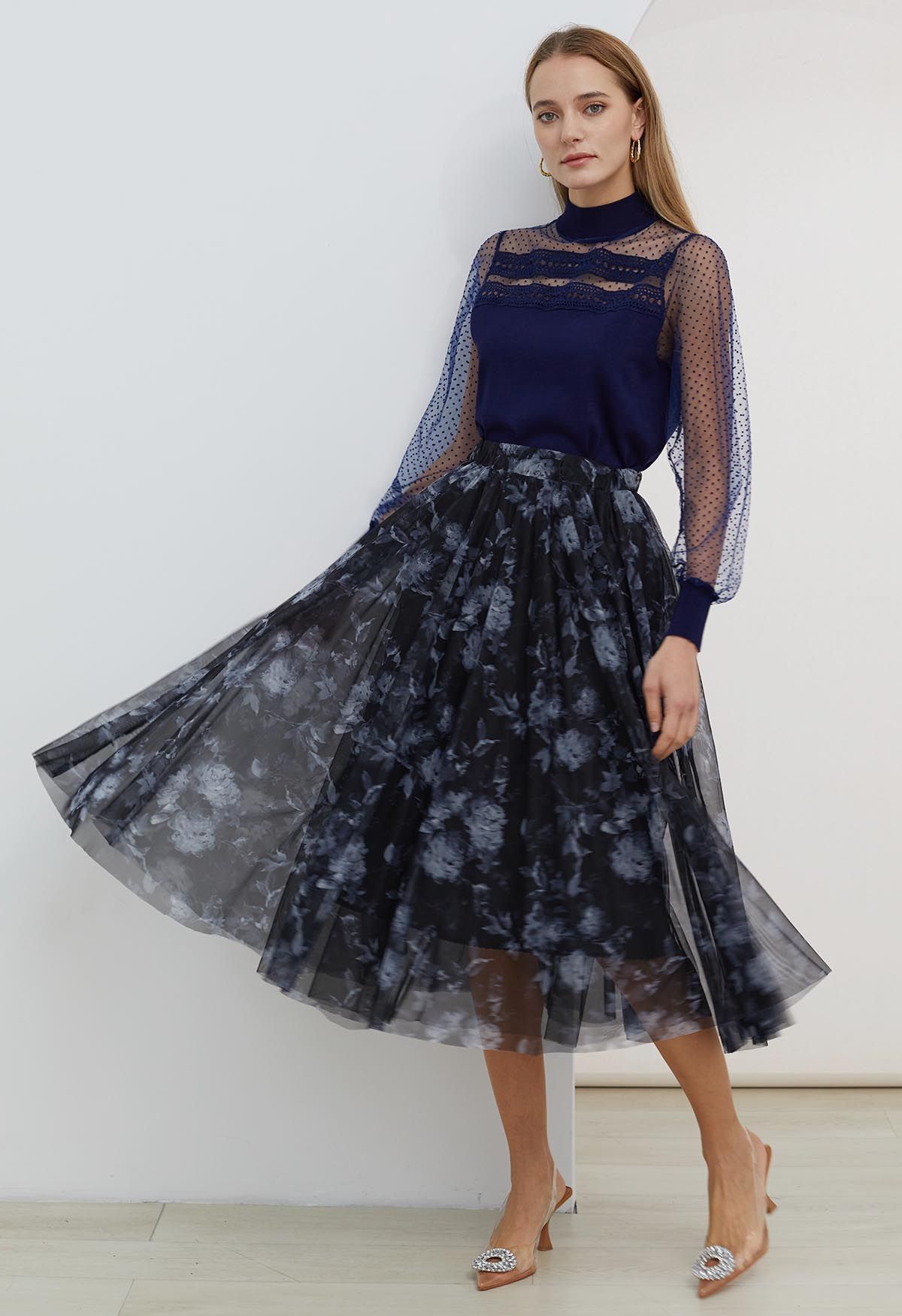 Midnight Garden Double-Layered Mesh Tulle Skirt